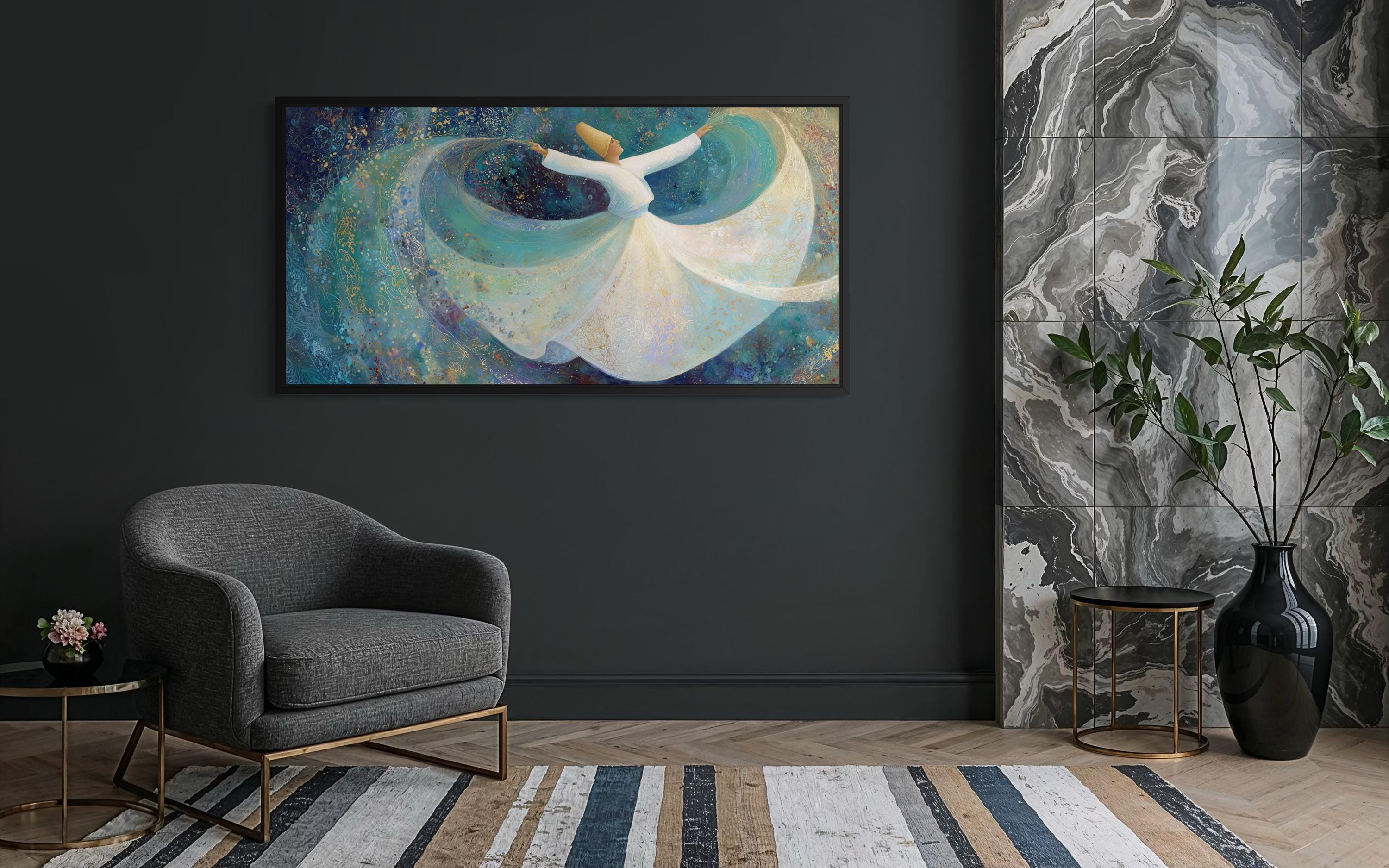 Whirling Dervish Wall Art – Large Zen Canvas with Teal Blue Spiritual Dance Artwork