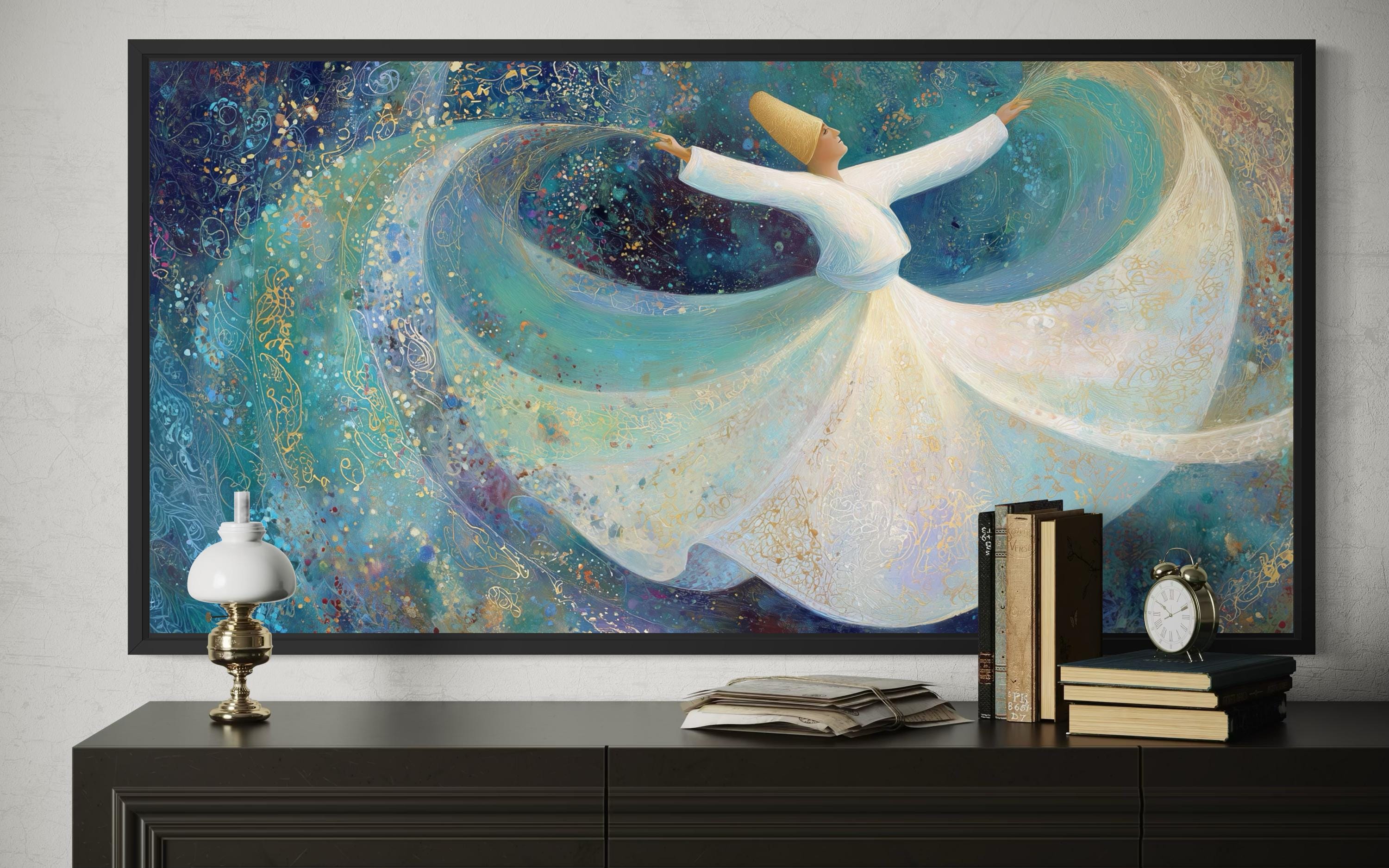 Whirling Dervish Wall Art – Large Zen Canvas with Teal Blue Spiritual Dance Artwork