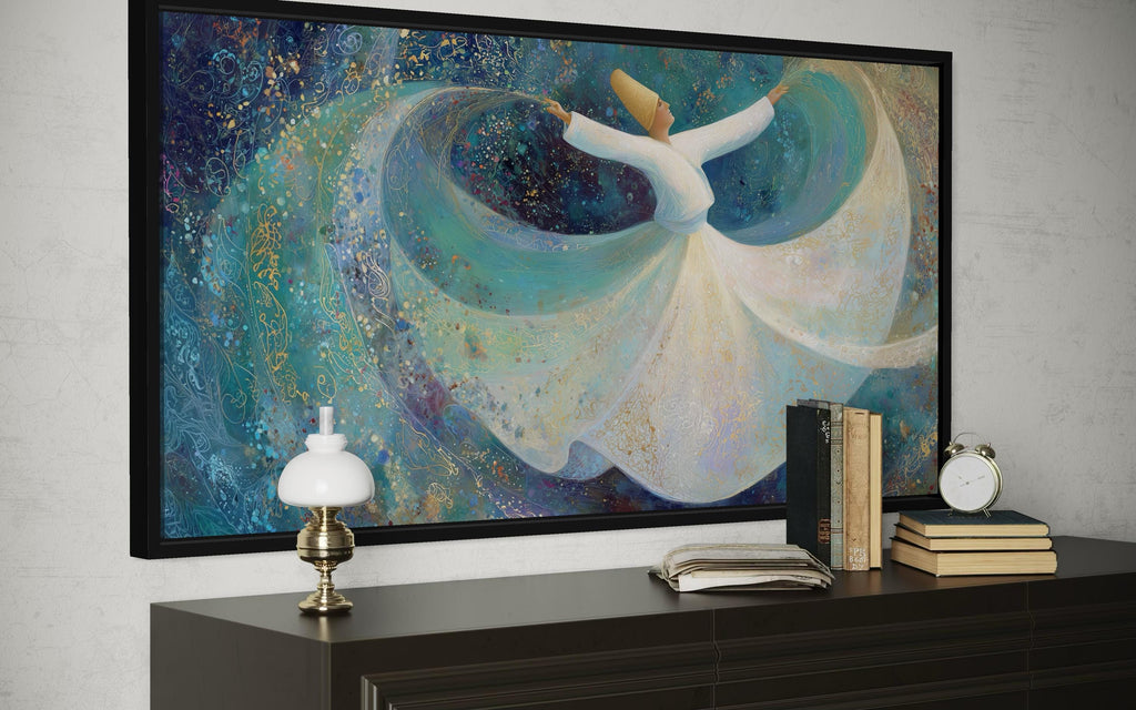 Whirling Dervish Wall Art – Large Zen Canvas with Teal Blue Spiritual Dance Artwork