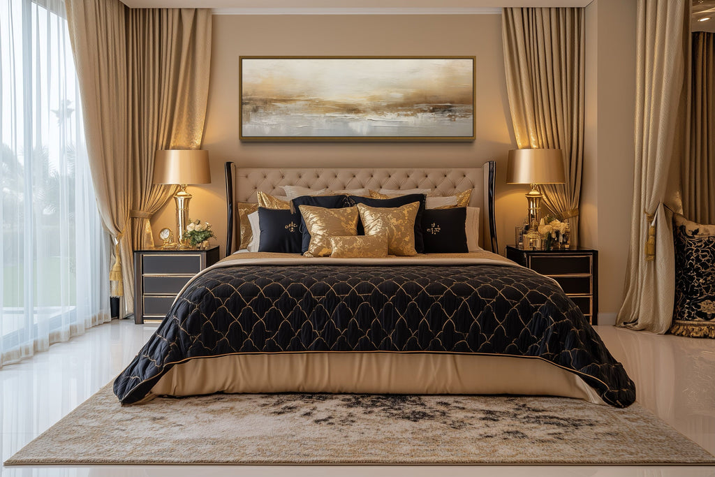 White And Gold Abstract Long Narrow Over Bed Wall Art