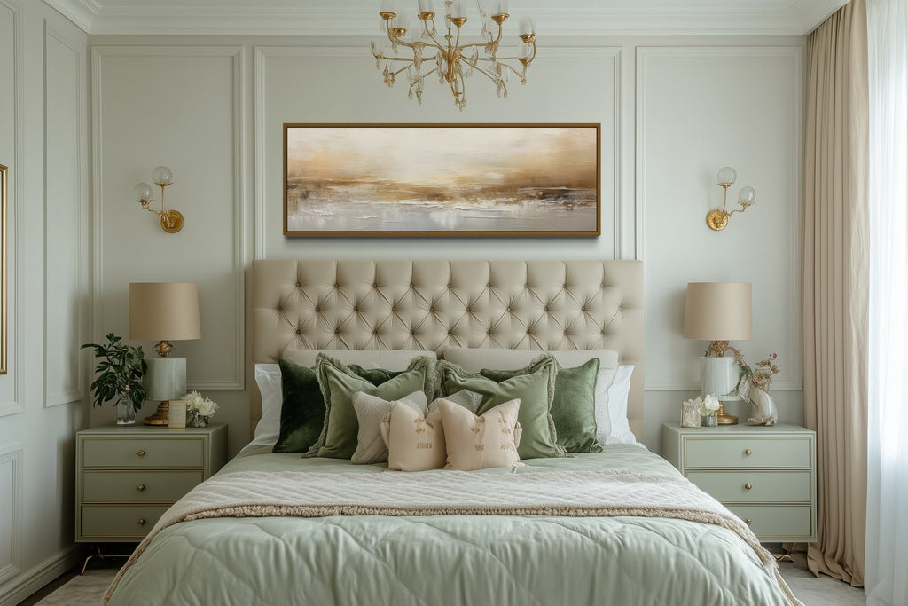 White And Gold Abstract Long Narrow Over Bed Wall Art