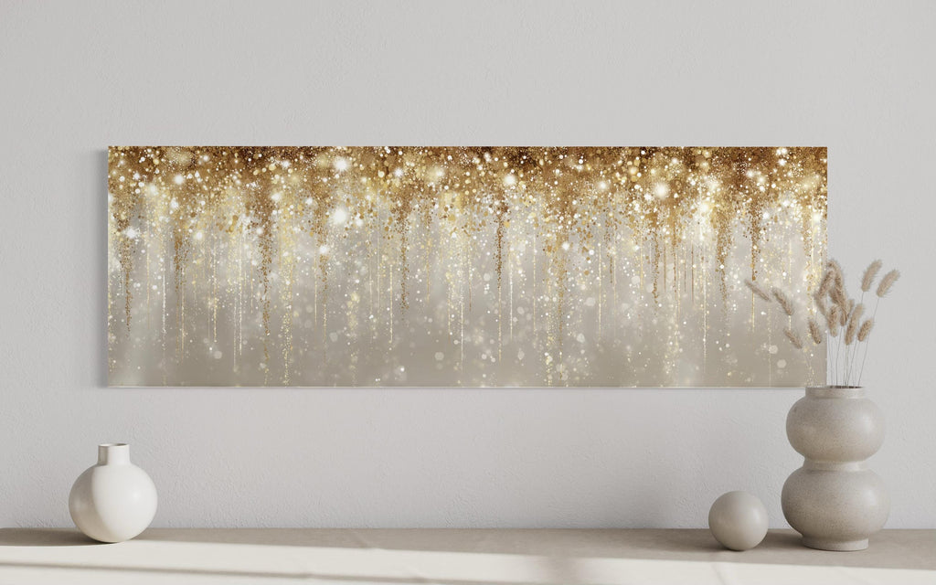 White And Gold Abstract Rain Long Horizontal Abstract Canvas Wall Art For Above Bed Or Couch