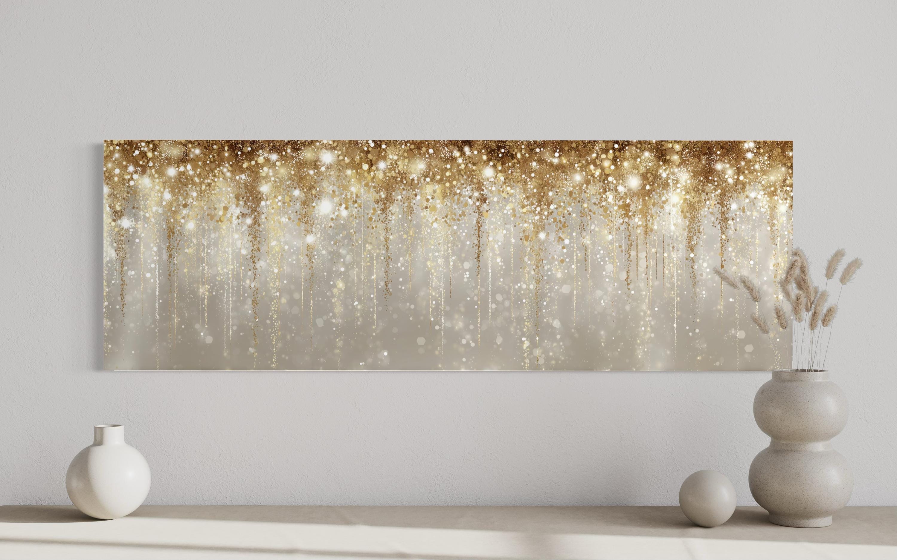 White And Gold Abstract Rain Long Horizontal Abstract Canvas Wall Art For Above Bed Or Couch