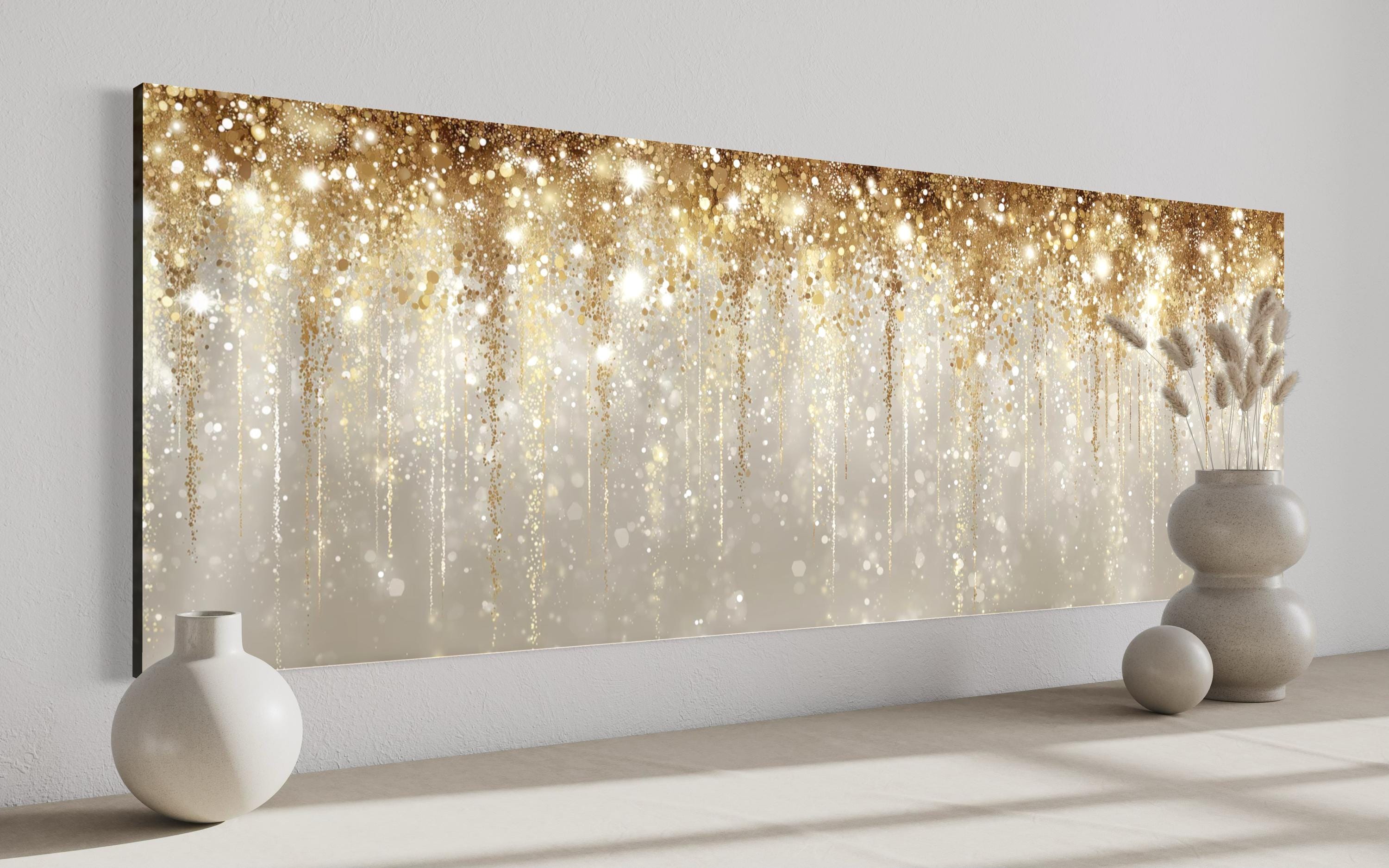 White And Gold Abstract Rain Long Horizontal Abstract Canvas Wall Art For Above Bed Or Couch