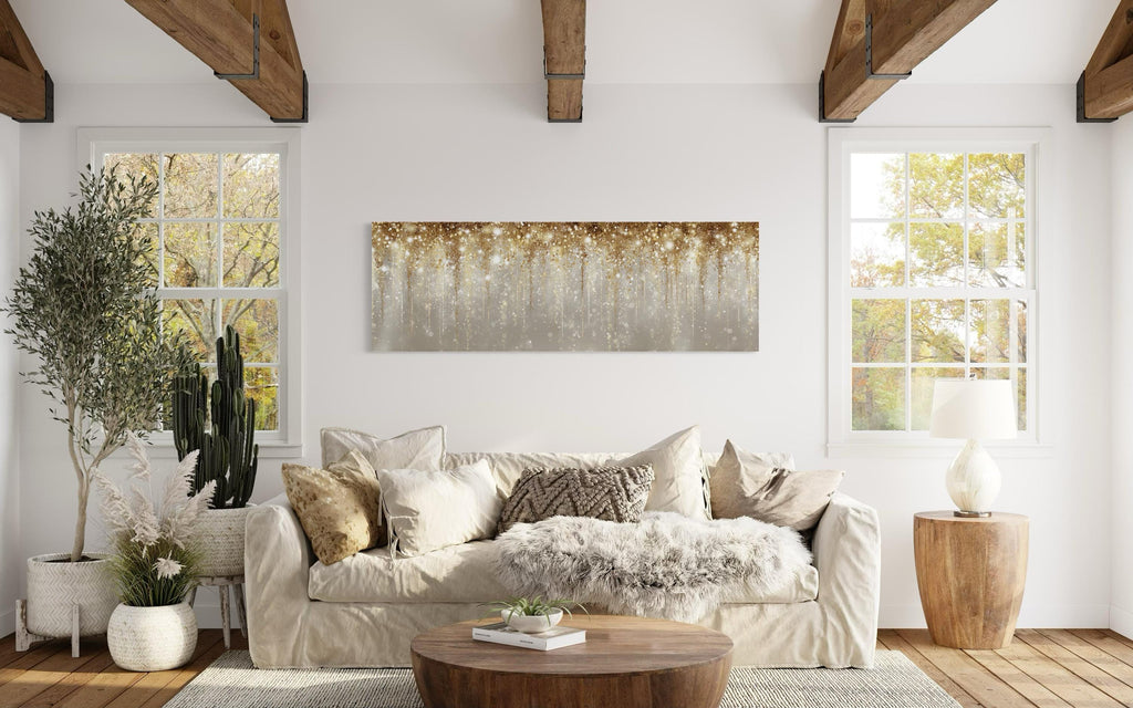 White And Gold Abstract Rain Long Horizontal Abstract Canvas Wall Art For Above Bed Or Couch