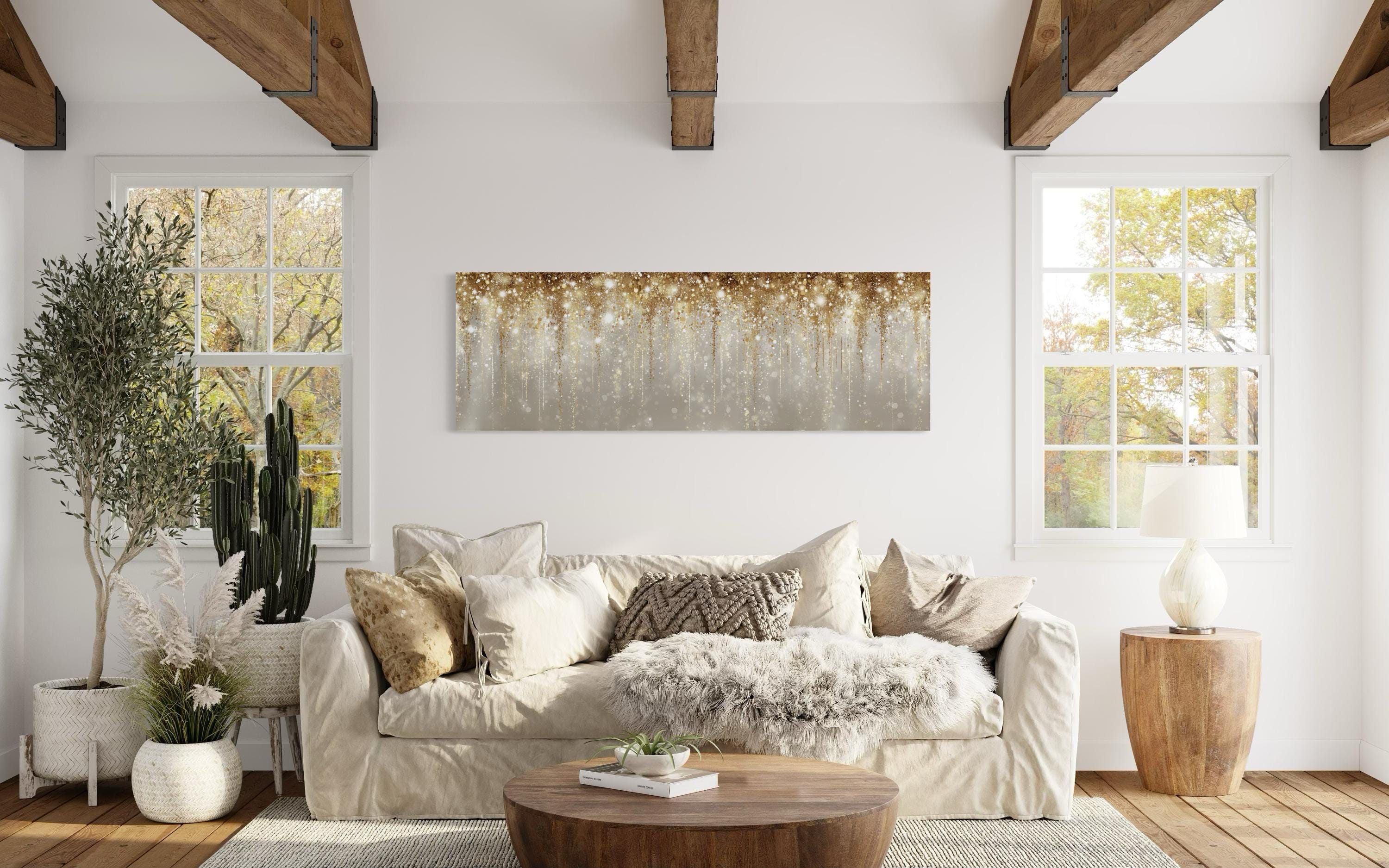 White And Gold Abstract Rain Long Horizontal Abstract Canvas Wall Art For Above Bed Or Couch