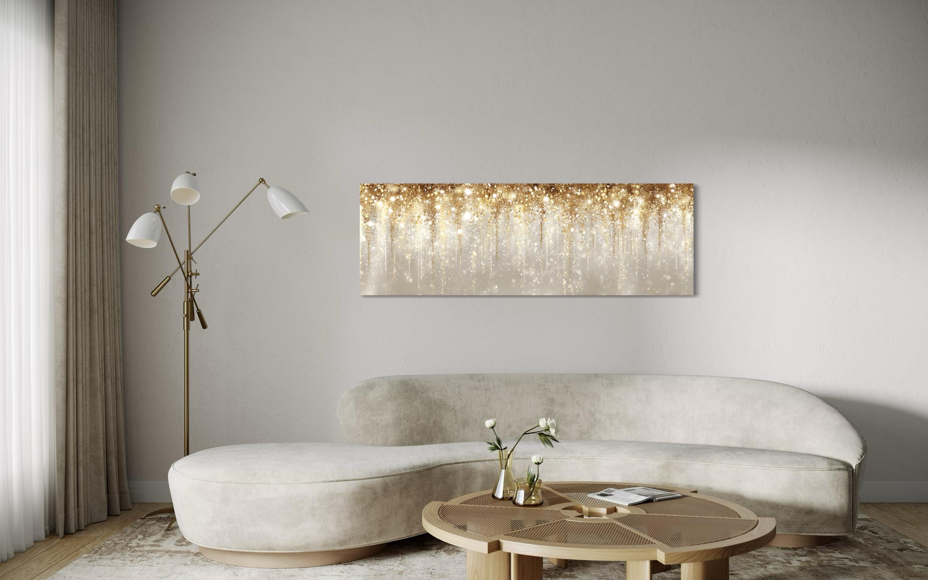 White And Gold Abstract Rain Long Horizontal Abstract Canvas Wall Art For Above Bed Or Couch