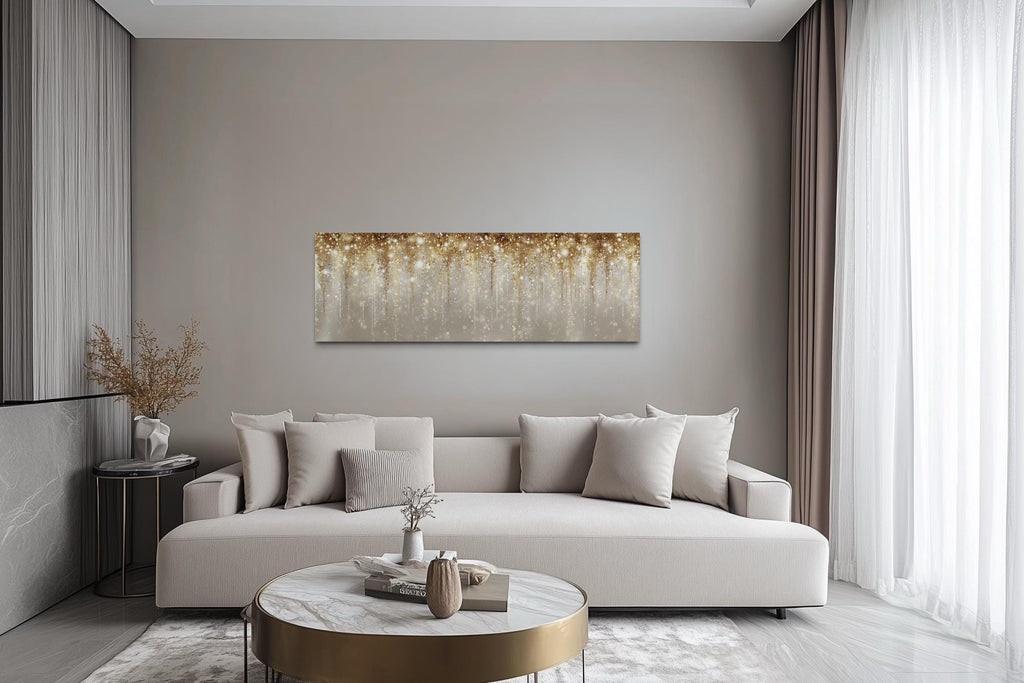 White And Gold Abstract Rain Long Horizontal Abstract Canvas Wall Art For Above Bed Or Couch