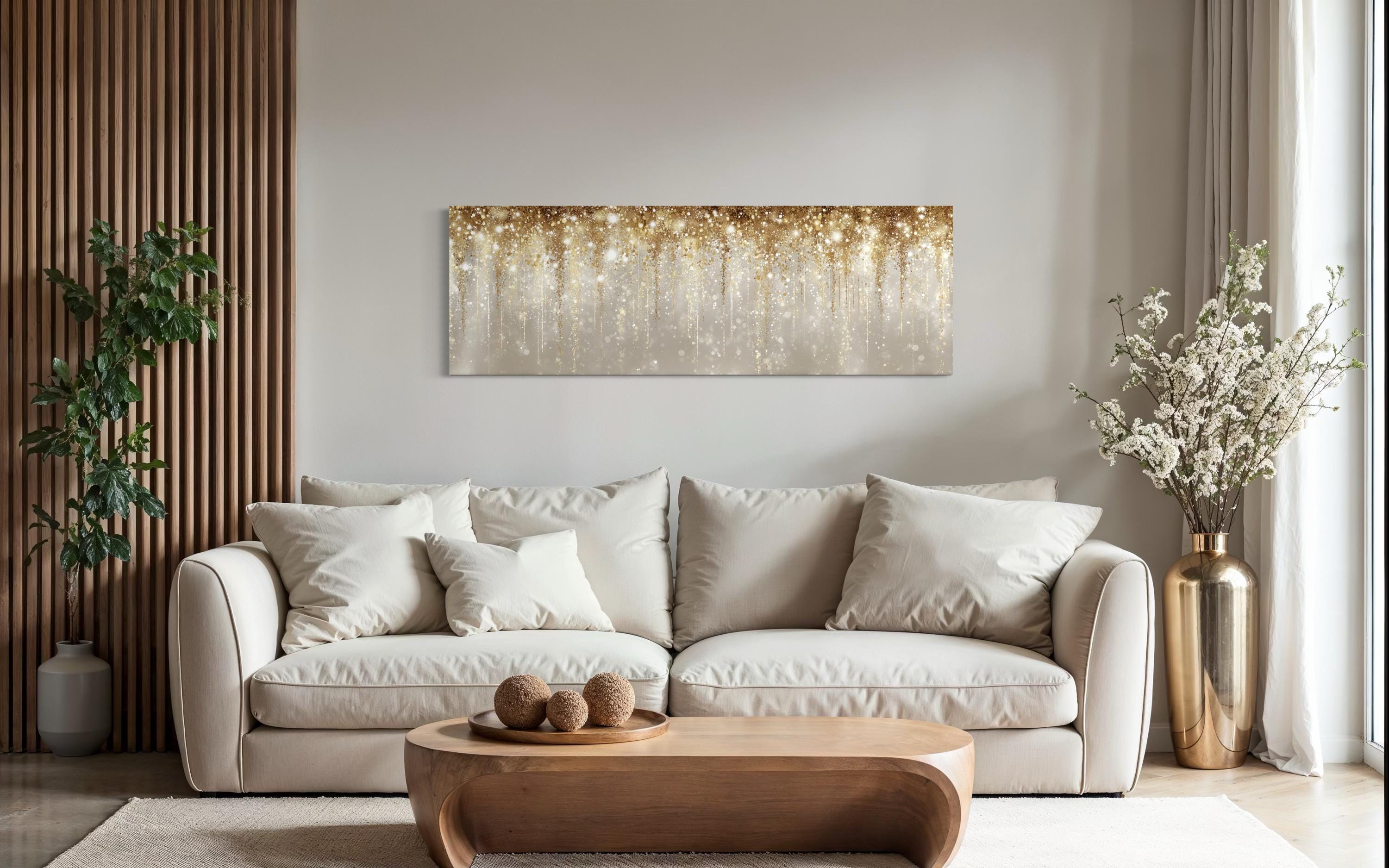 White And Gold Abstract Rain Long Horizontal Abstract Canvas Wall Art For Above Bed Or Couch