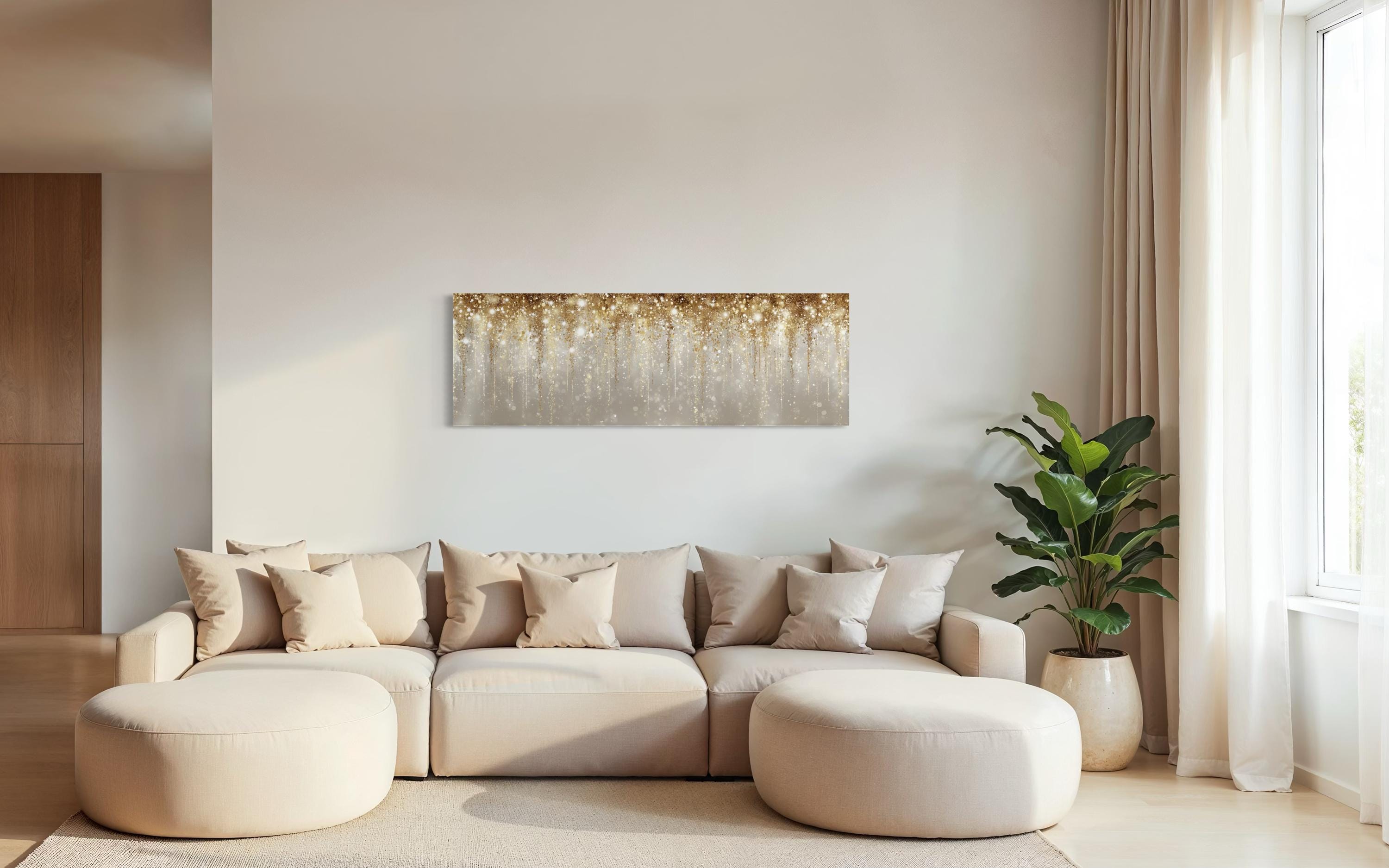 White And Gold Abstract Rain Long Horizontal Abstract Canvas Wall Art For Above Bed Or Couch