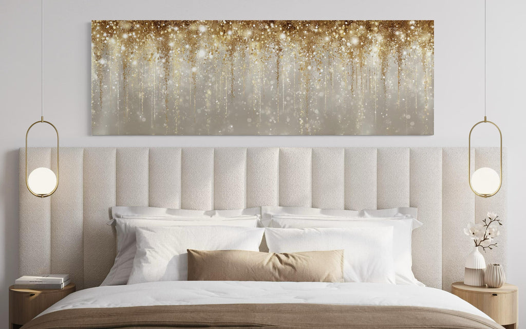White And Gold Abstract Rain Long Horizontal Abstract Canvas Wall Art For Above Bed Or Couch