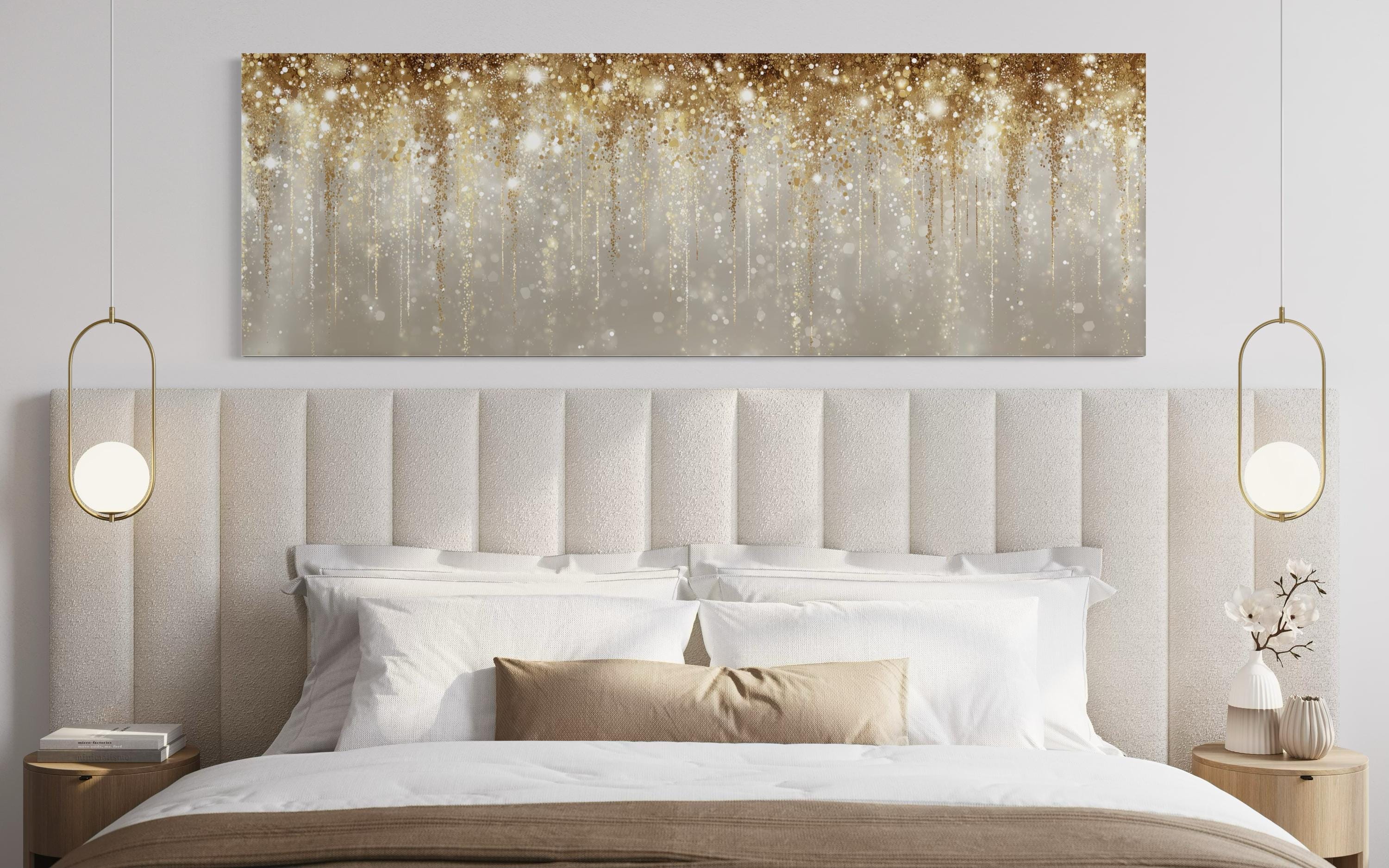 White And Gold Abstract Rain Long Horizontal Abstract Canvas Wall Art For Above Bed Or Couch