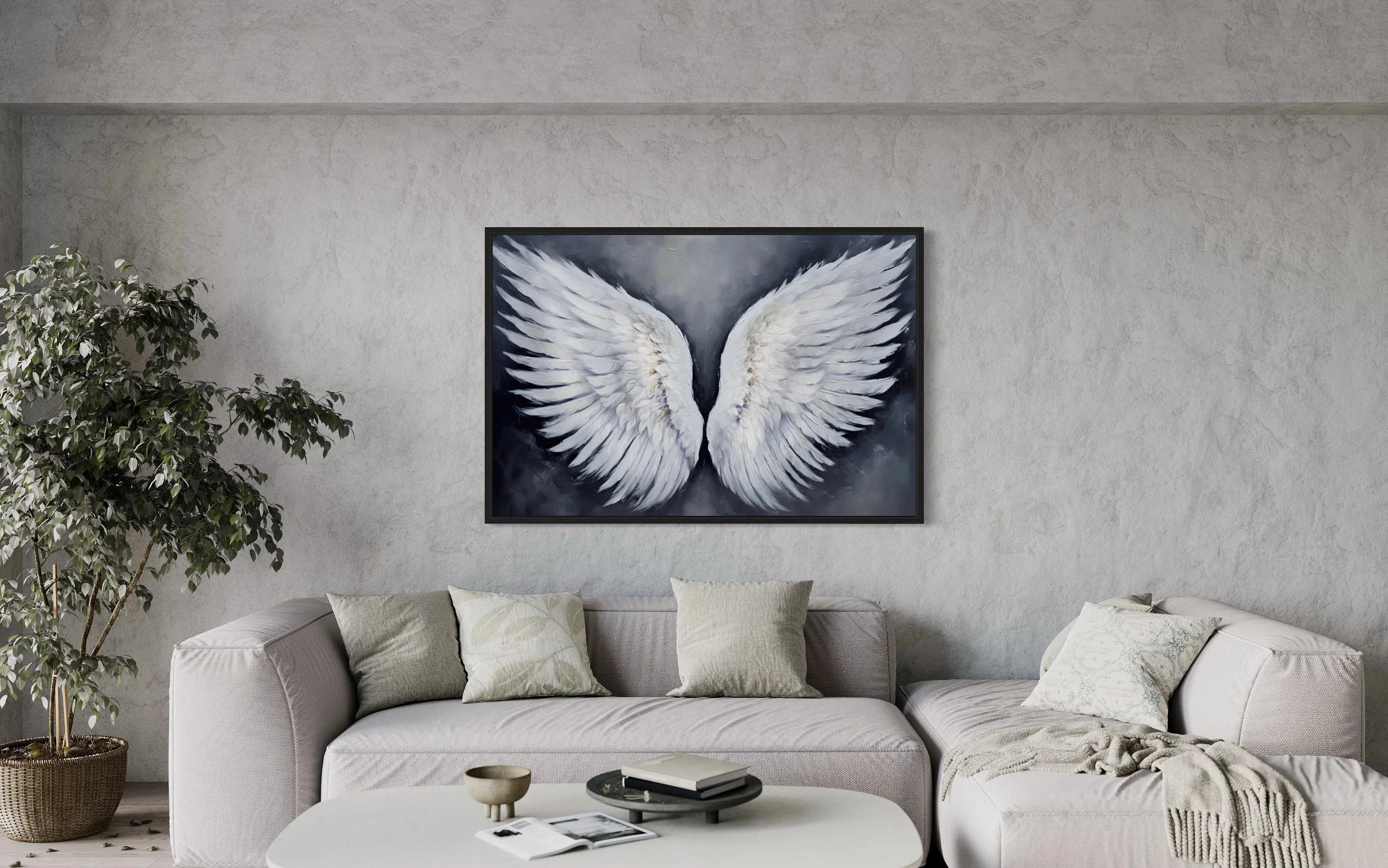 White Angel Wings On Grey Background Wall Art
