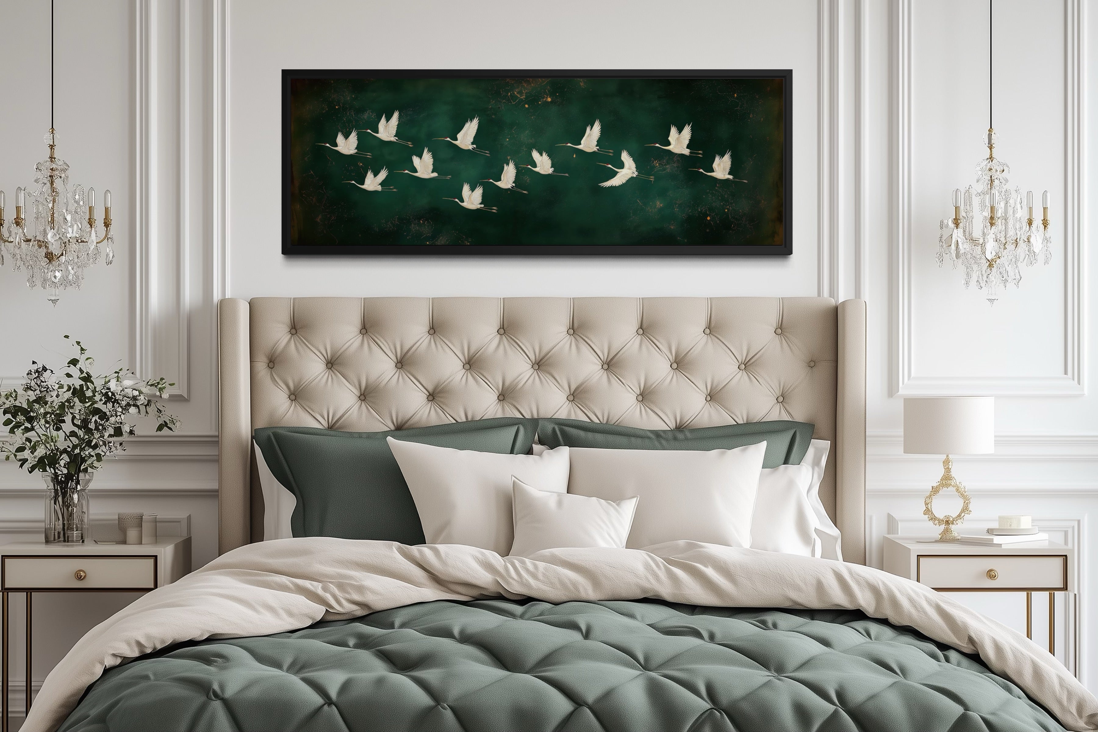 White Birds Flying Long Horizontal Emerald Green Canvas Wall Art