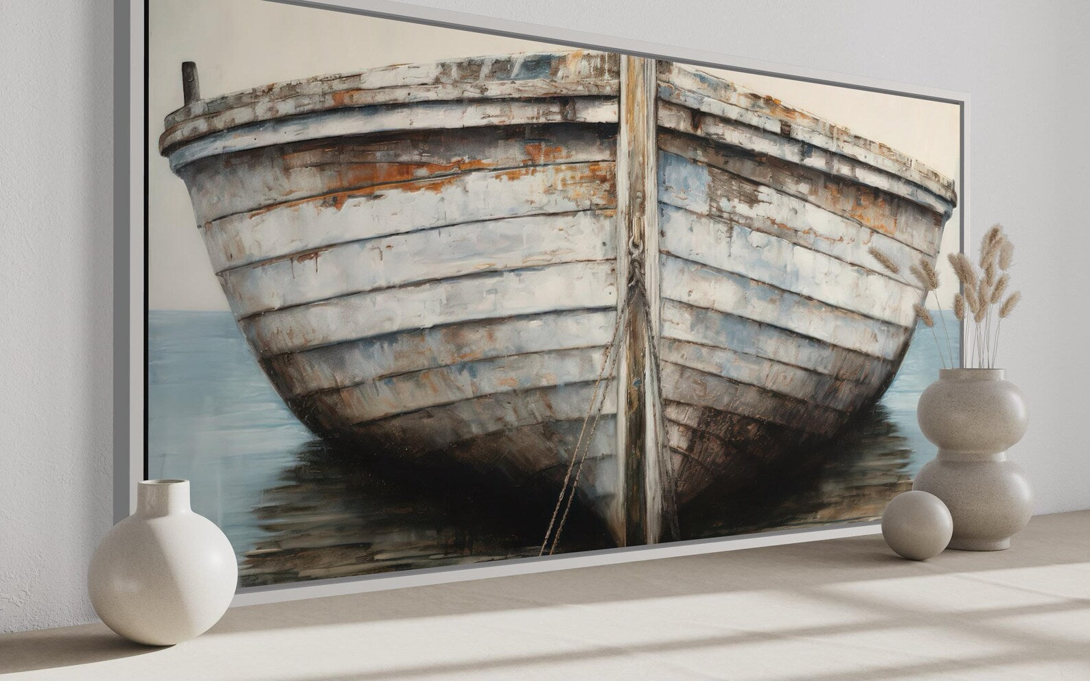 White Brown Rustic Old Boat Close Up Framed Canvas Wall Art For Lake House Decor