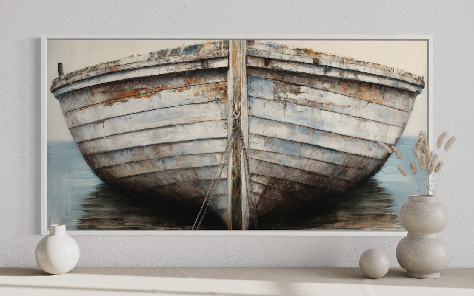 White Brown Rustic Old Boat Close Up Framed Canvas Wall Art For Lake House Decor