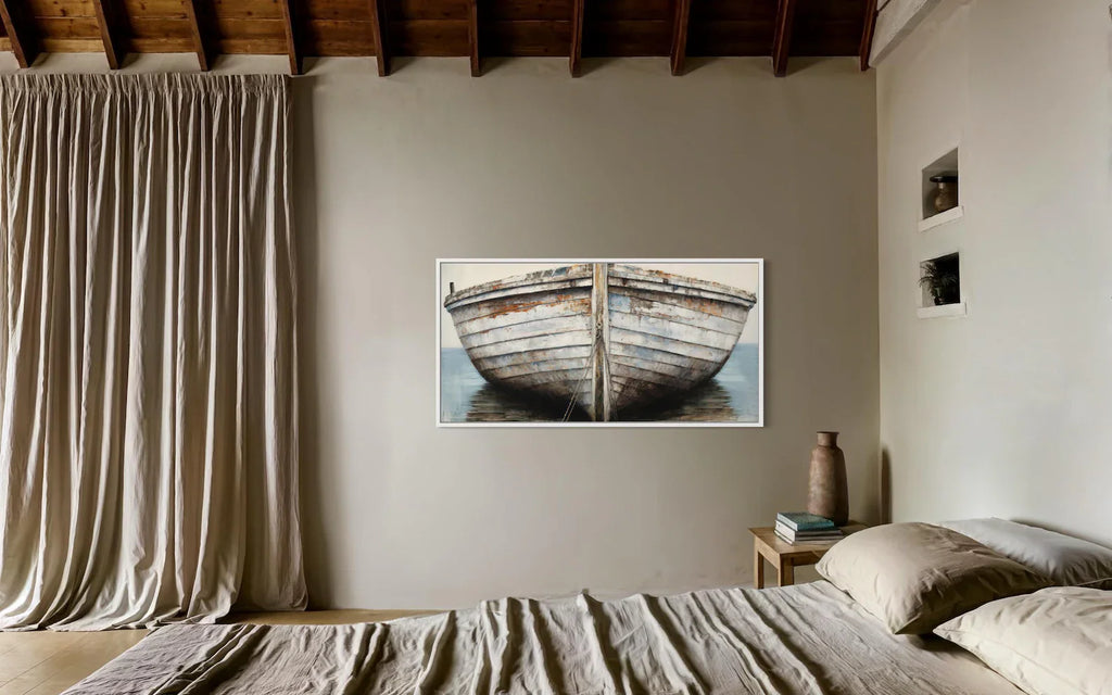 White Brown Rustic Old Boat Close Up Framed Canvas Wall Art For Lake House Decor