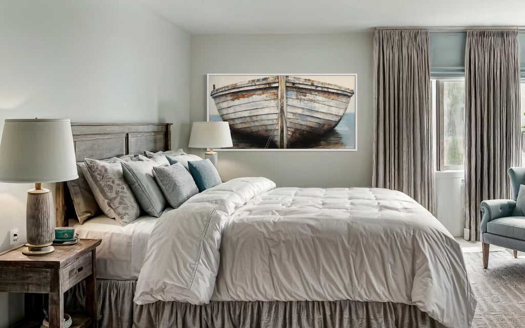 White Brown Rustic Old Boat Close Up Framed Canvas Wall Art For Lake House Decor