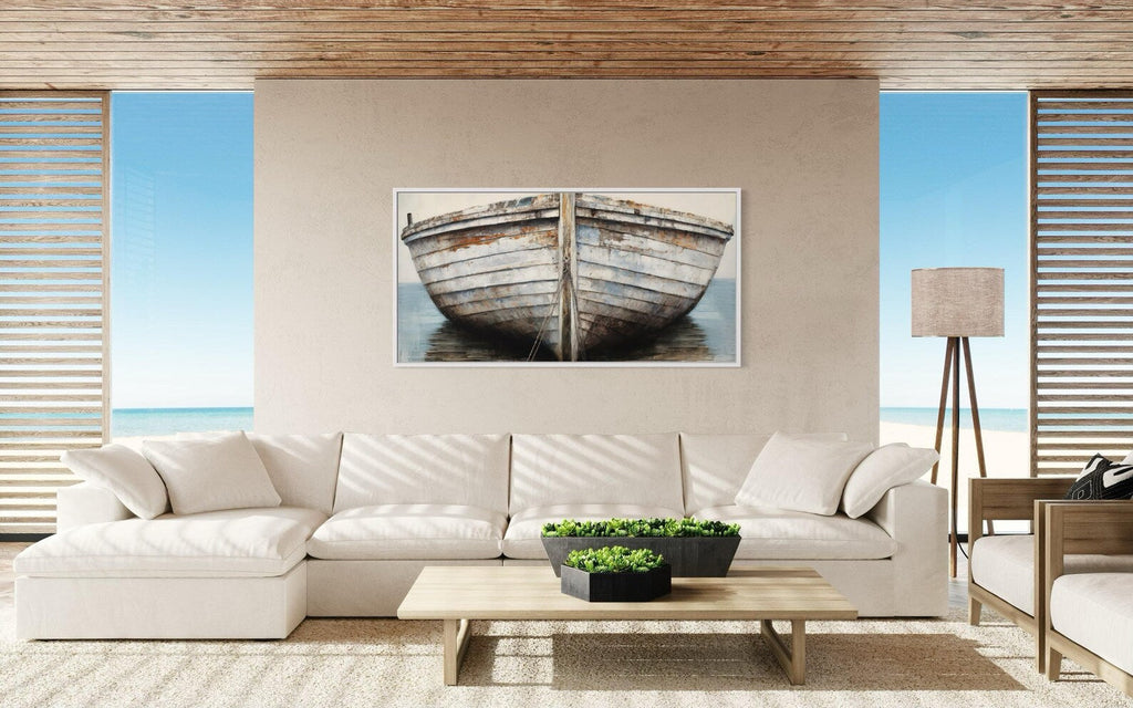 White Brown Rustic Old Boat Close Up Framed Canvas Wall Art For Lake House Decor