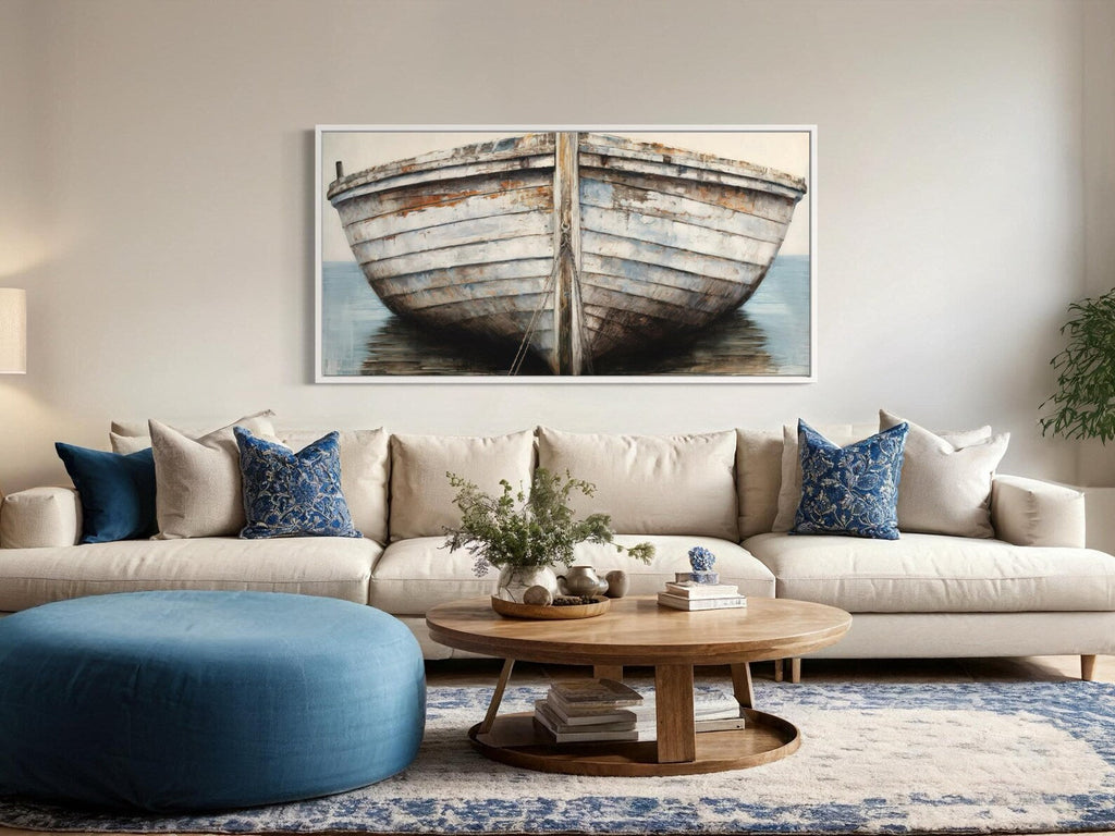 White Brown Rustic Old Boat Close Up Framed Canvas Wall Art For Lake House Decor