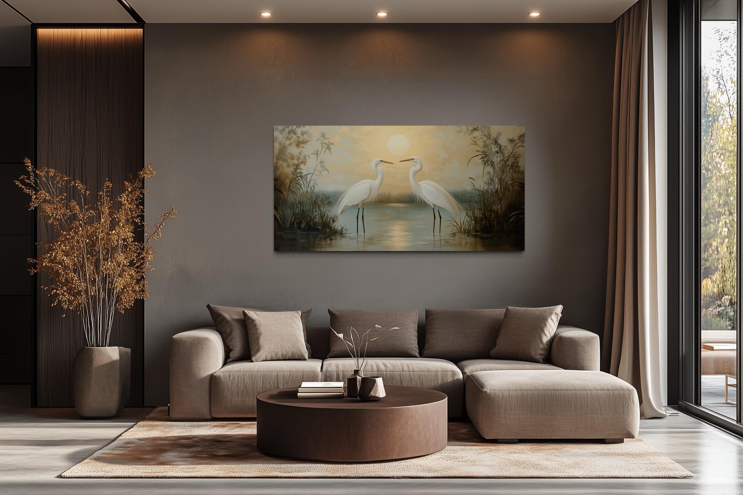 White Egrets At Sunset Horizontal Nature Scene Framed Canvas Wall Art