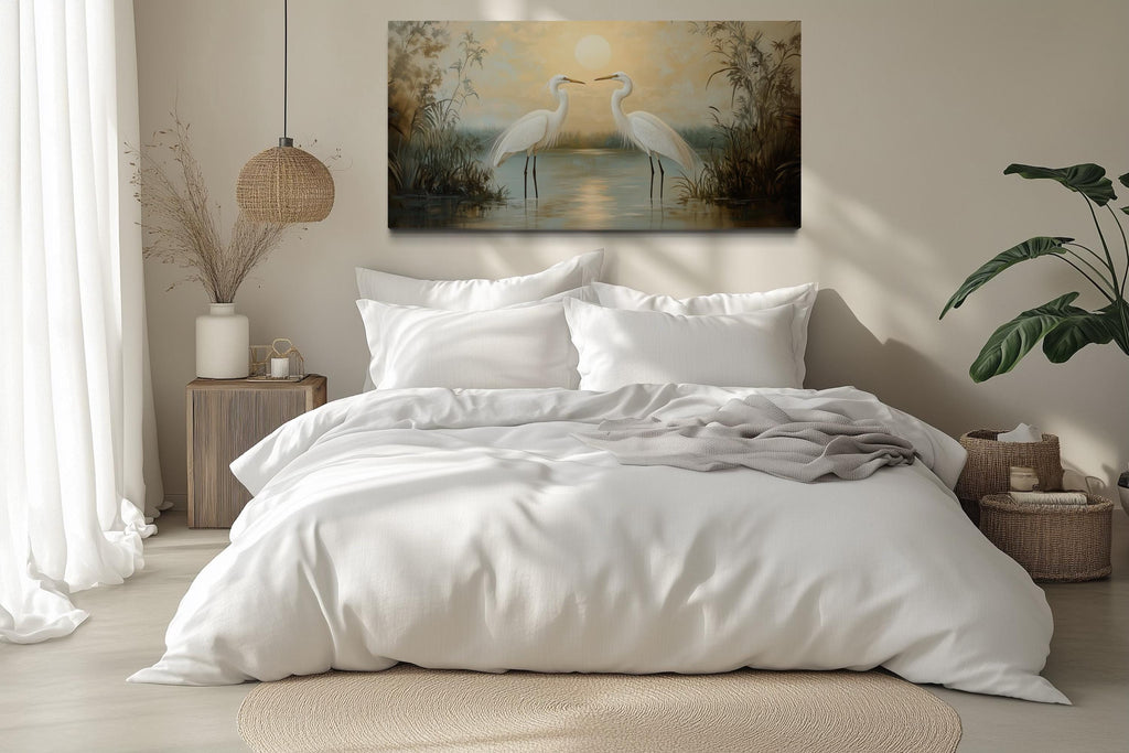 White Egrets At Sunset Horizontal Nature Scene Framed Canvas Wall Art
