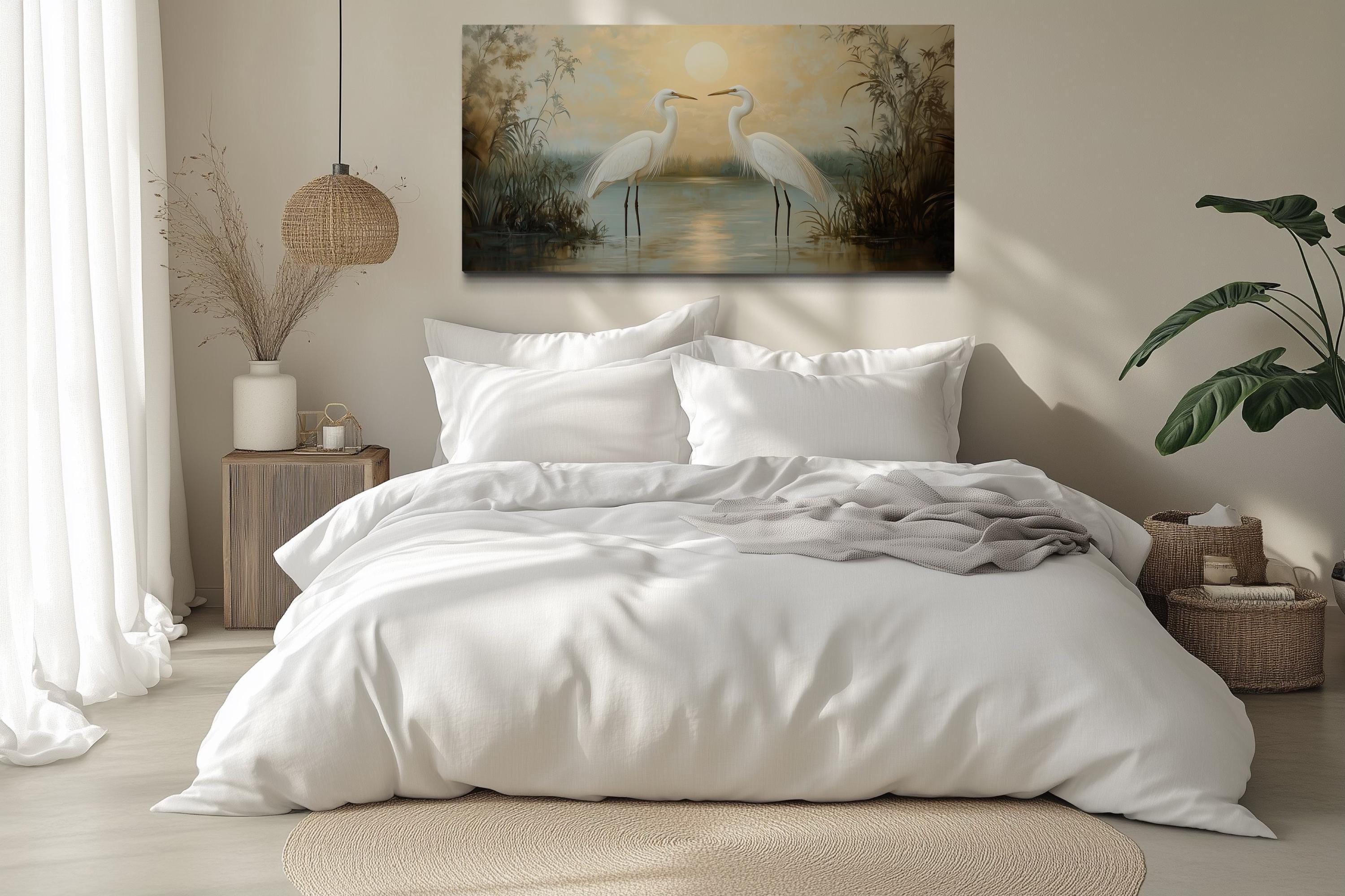 White Egrets At Sunset Horizontal Nature Scene Framed Canvas Wall Art