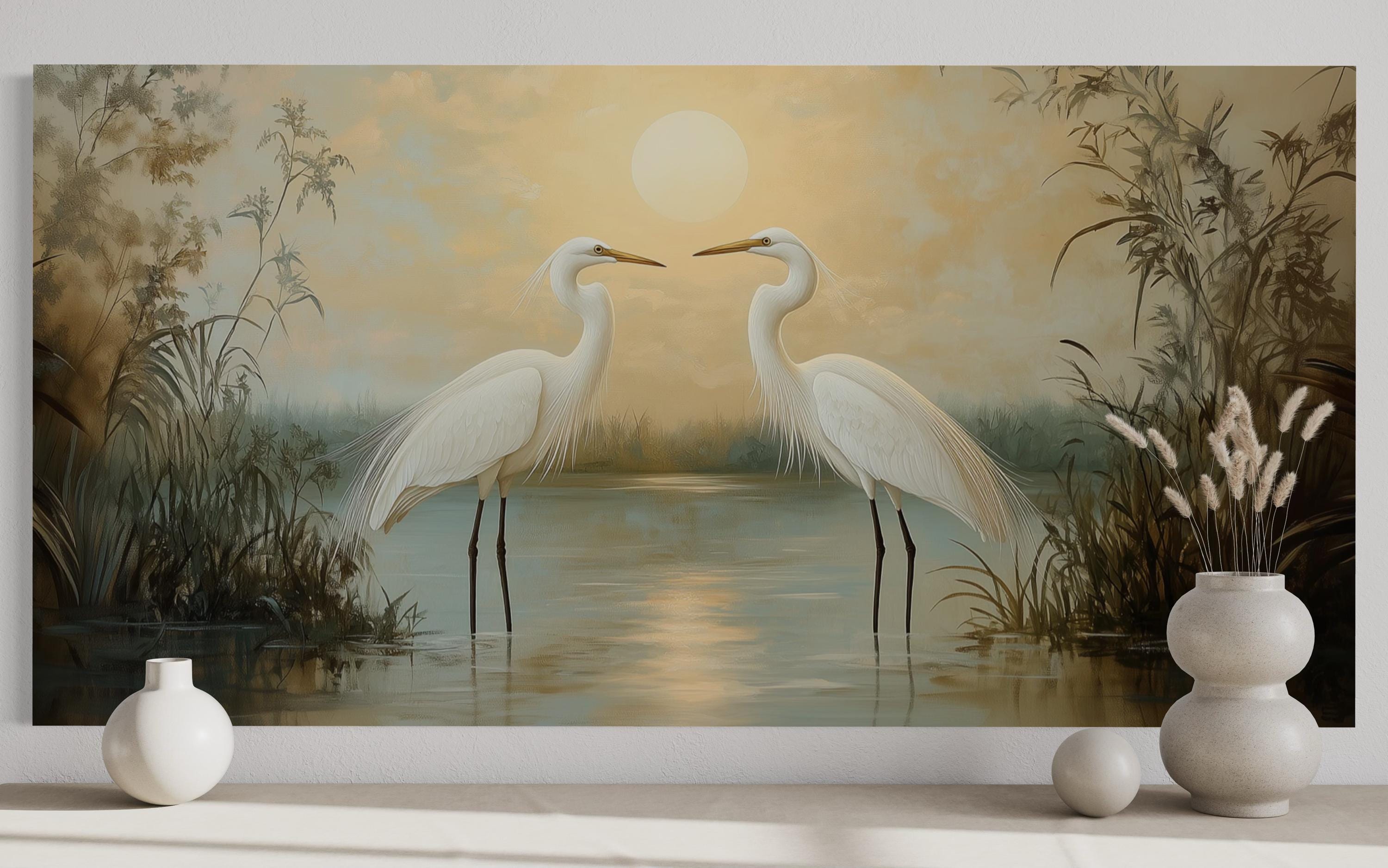 White Egrets At Sunset Horizontal Nature Scene Framed Canvas Wall Art