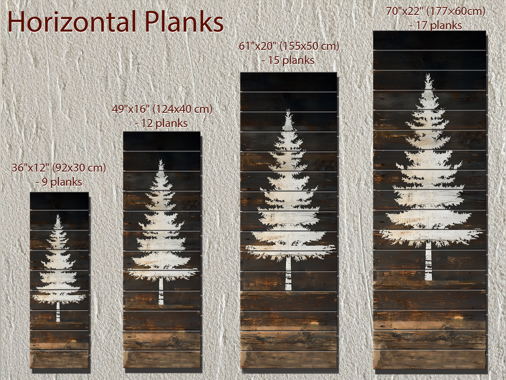 White Fir Tree Painted On Dark Brown Wood Real Wood Vertical Narrow Wall Art