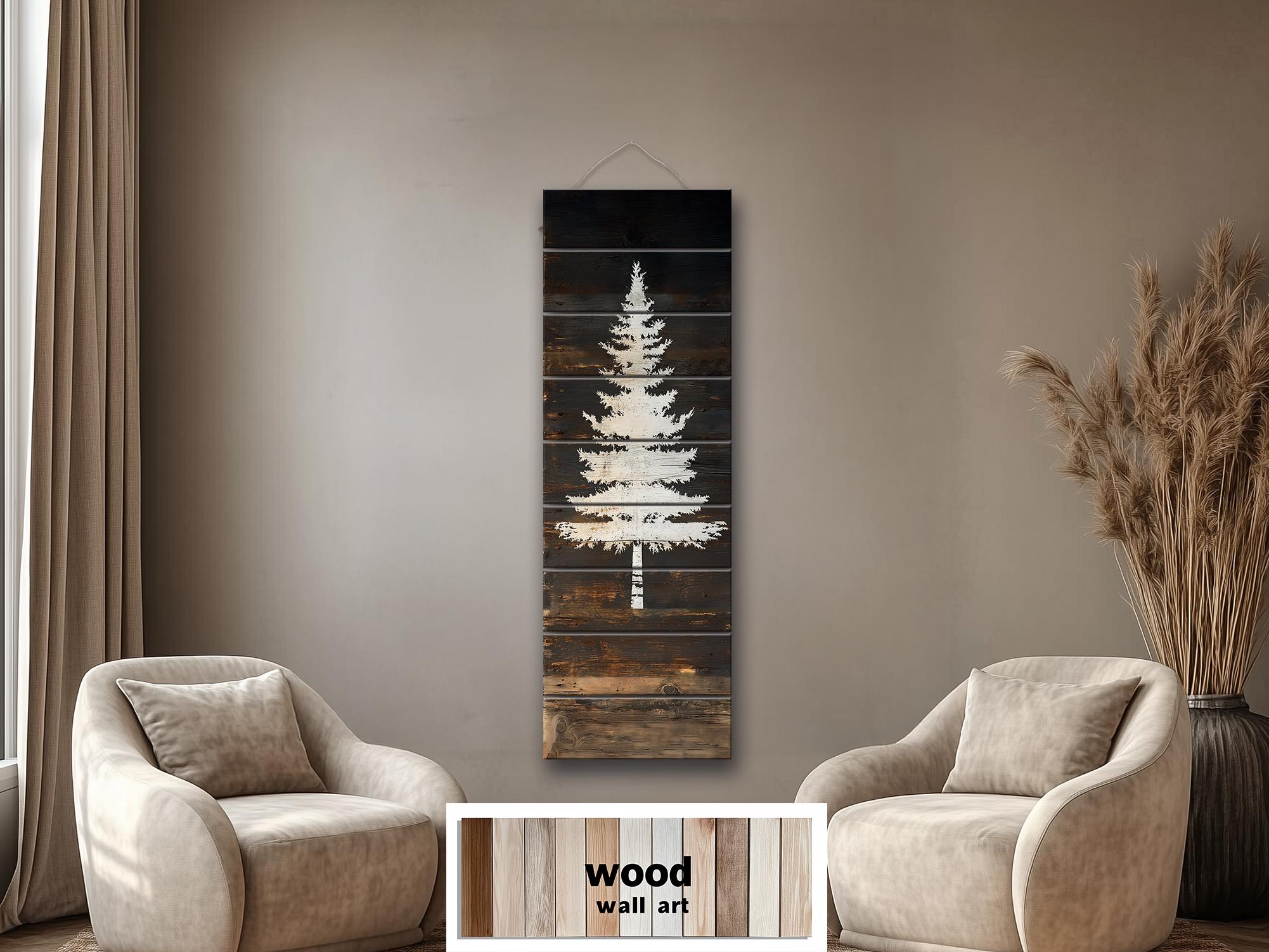 White Fir Tree Painted On Dark Brown Wood Real Wood Vertical Narrow Wall Art