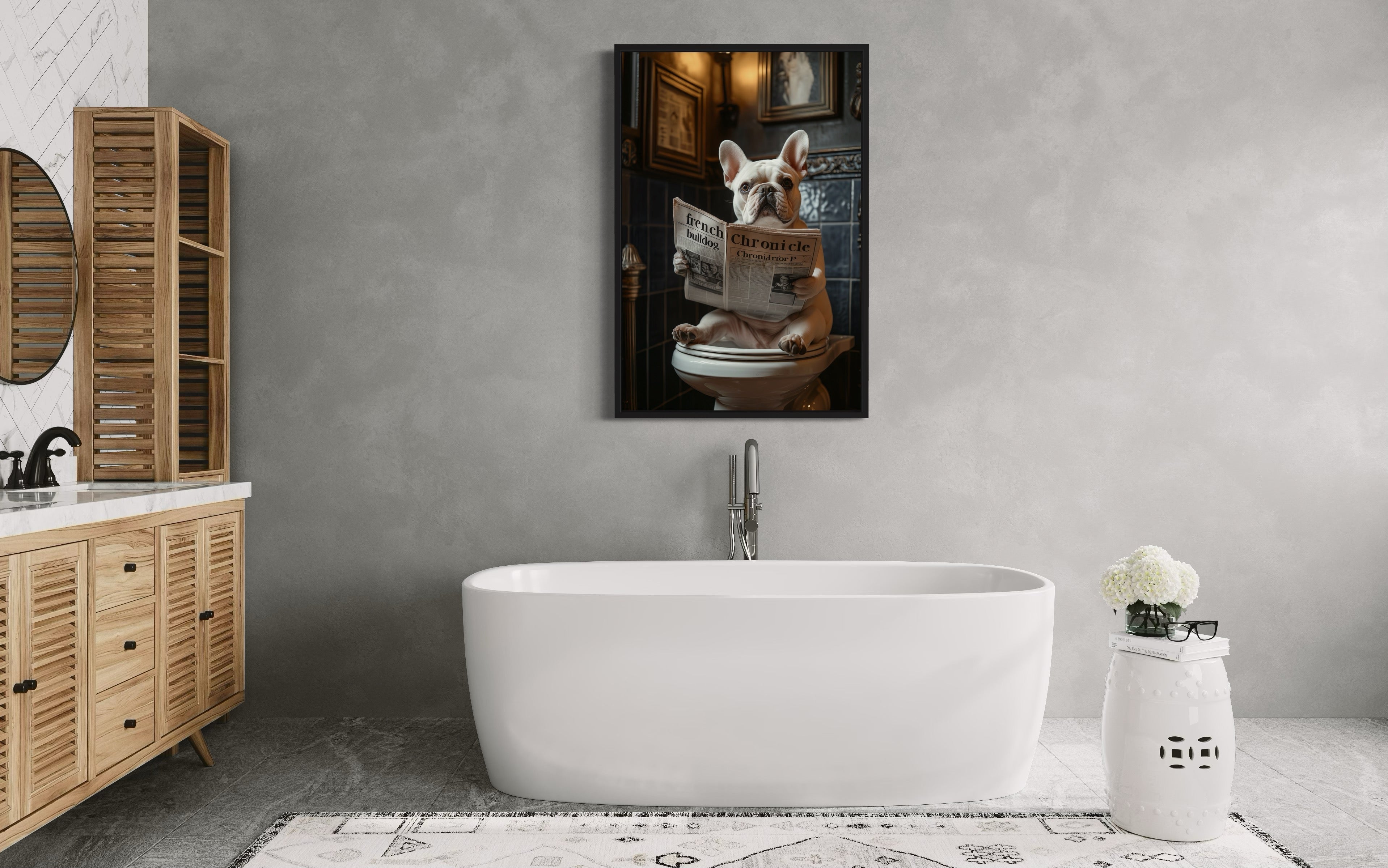 White French Bulldog On The Toilet Reading Newspaper Picture