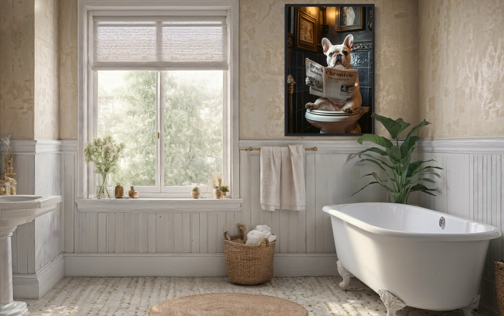 White French Bulldog On The Toilet Reading Newspaper Picture