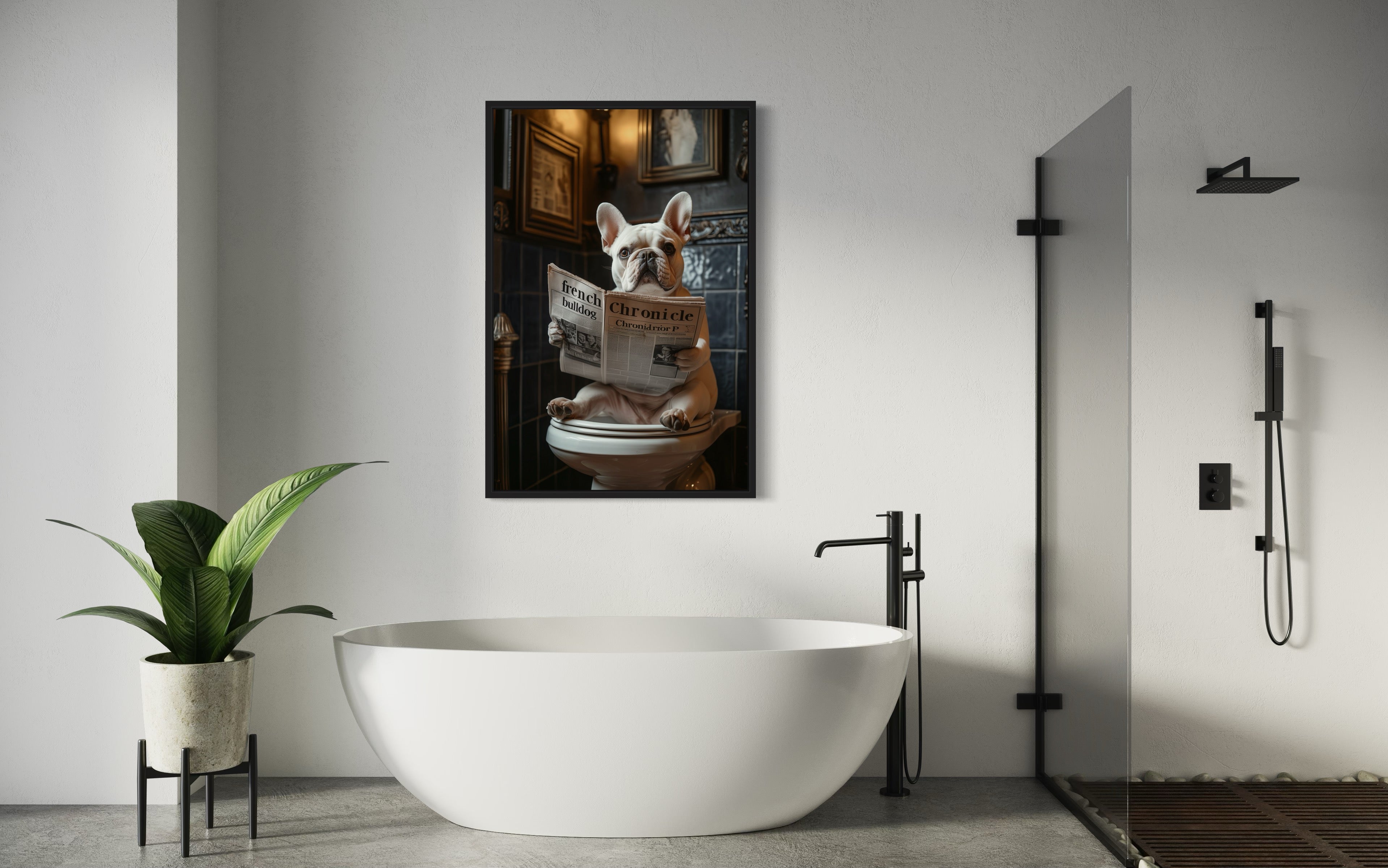 White French Bulldog On The Toilet Reading Newspaper Picture