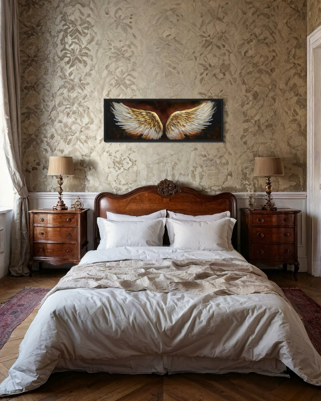 White Gold Angel Wings On Brown Background Horizontal Framed Canvas Above Bed Wall Art