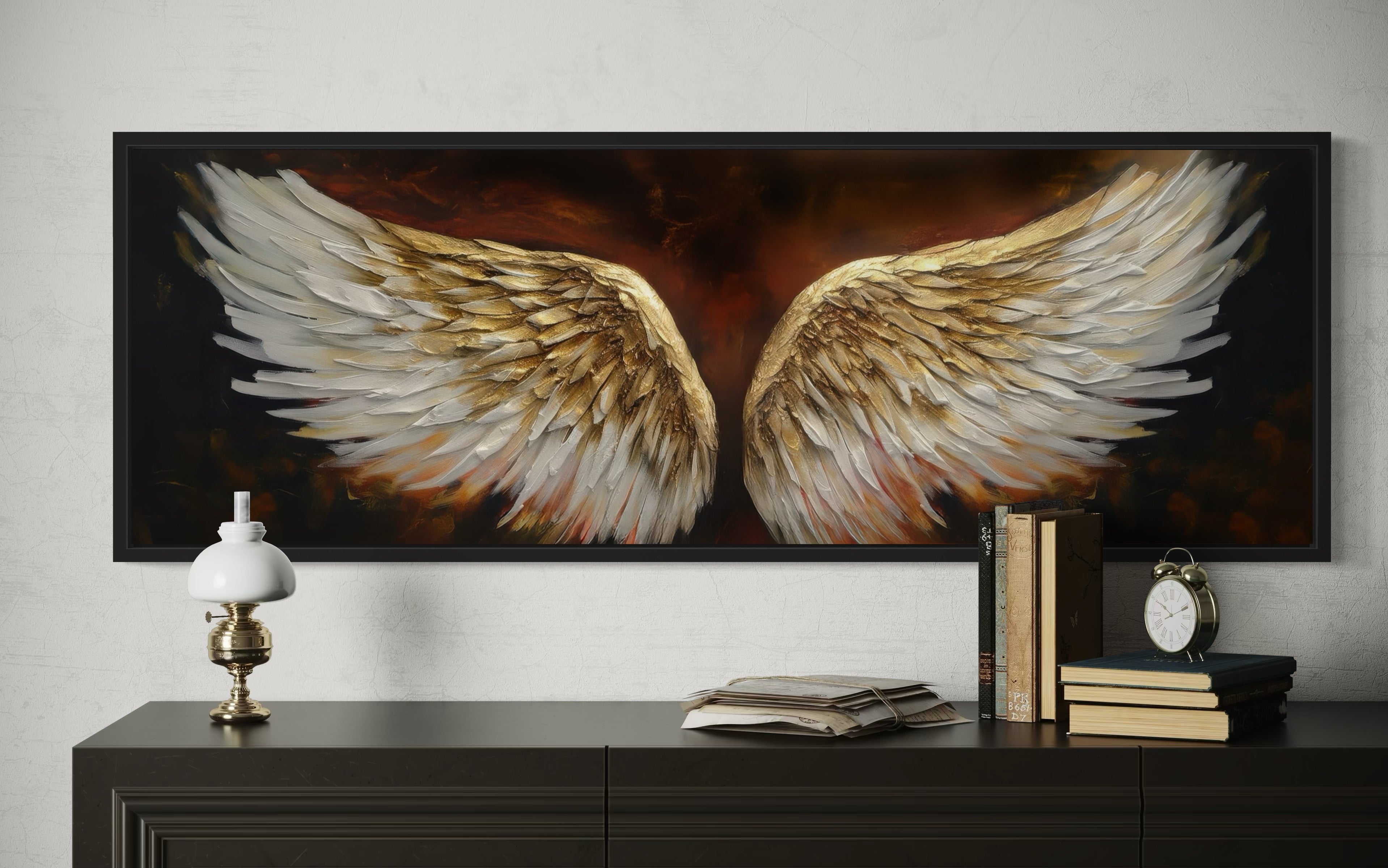White Gold Angel Wings On Brown Background Horizontal Framed Canvas Above Bed Wall Art