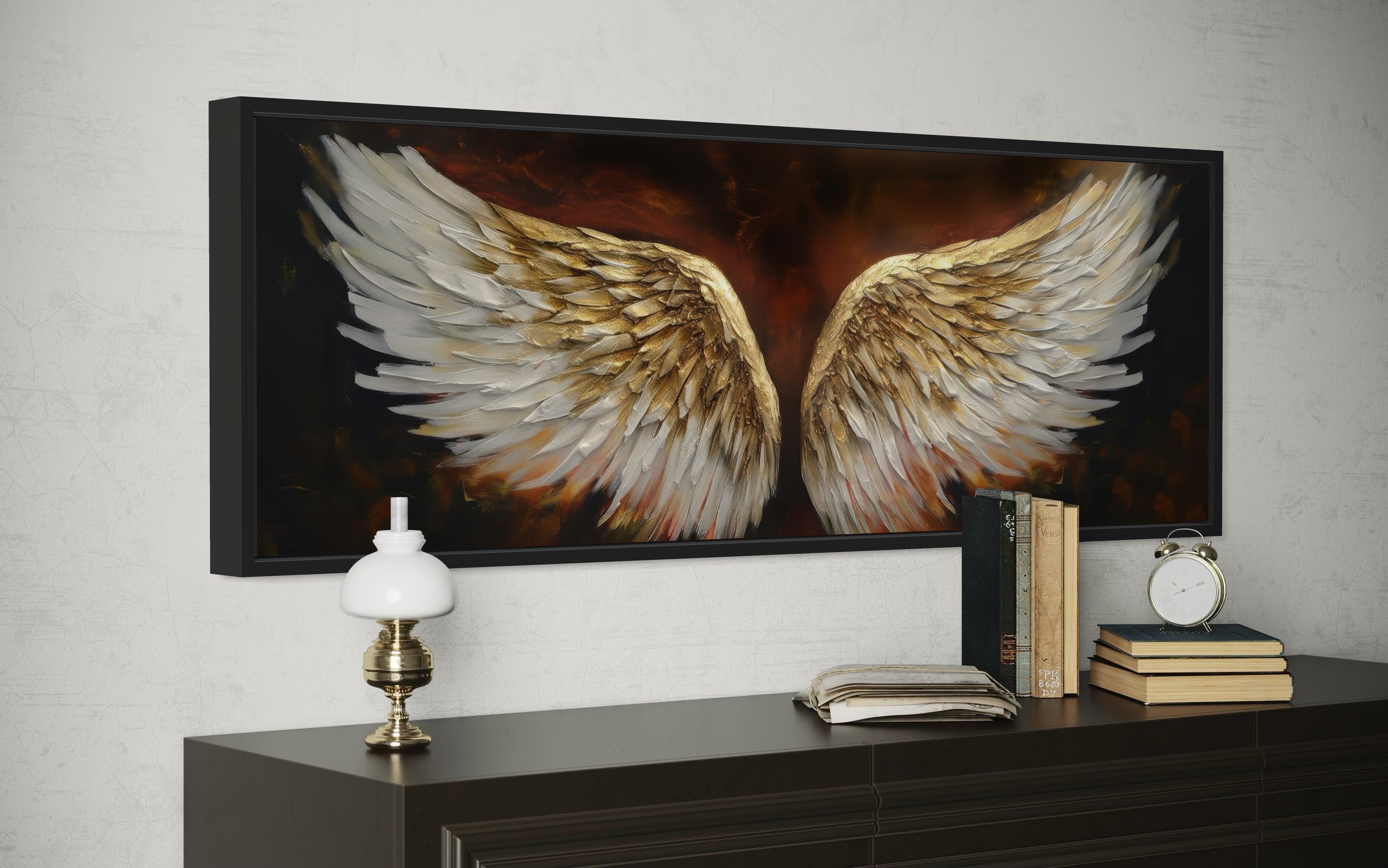 White Gold Angel Wings On Brown Background Horizontal Framed Canvas Above Bed Wall Art
