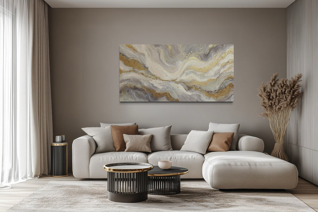 White Gold Elegant Abstract Painting Living Room Wall Decor