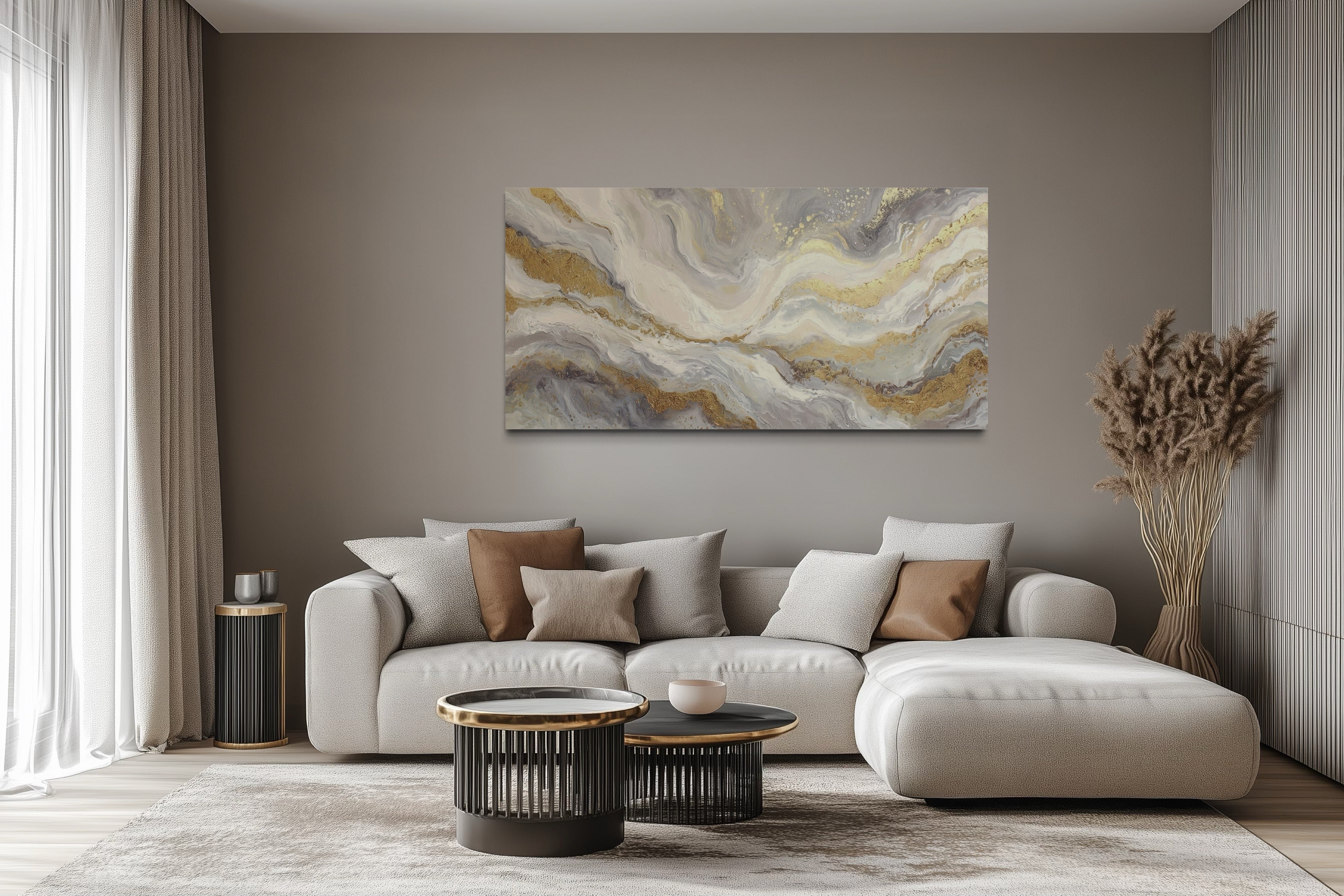 White Gold Elegant Abstract Painting Living Room Wall Decor