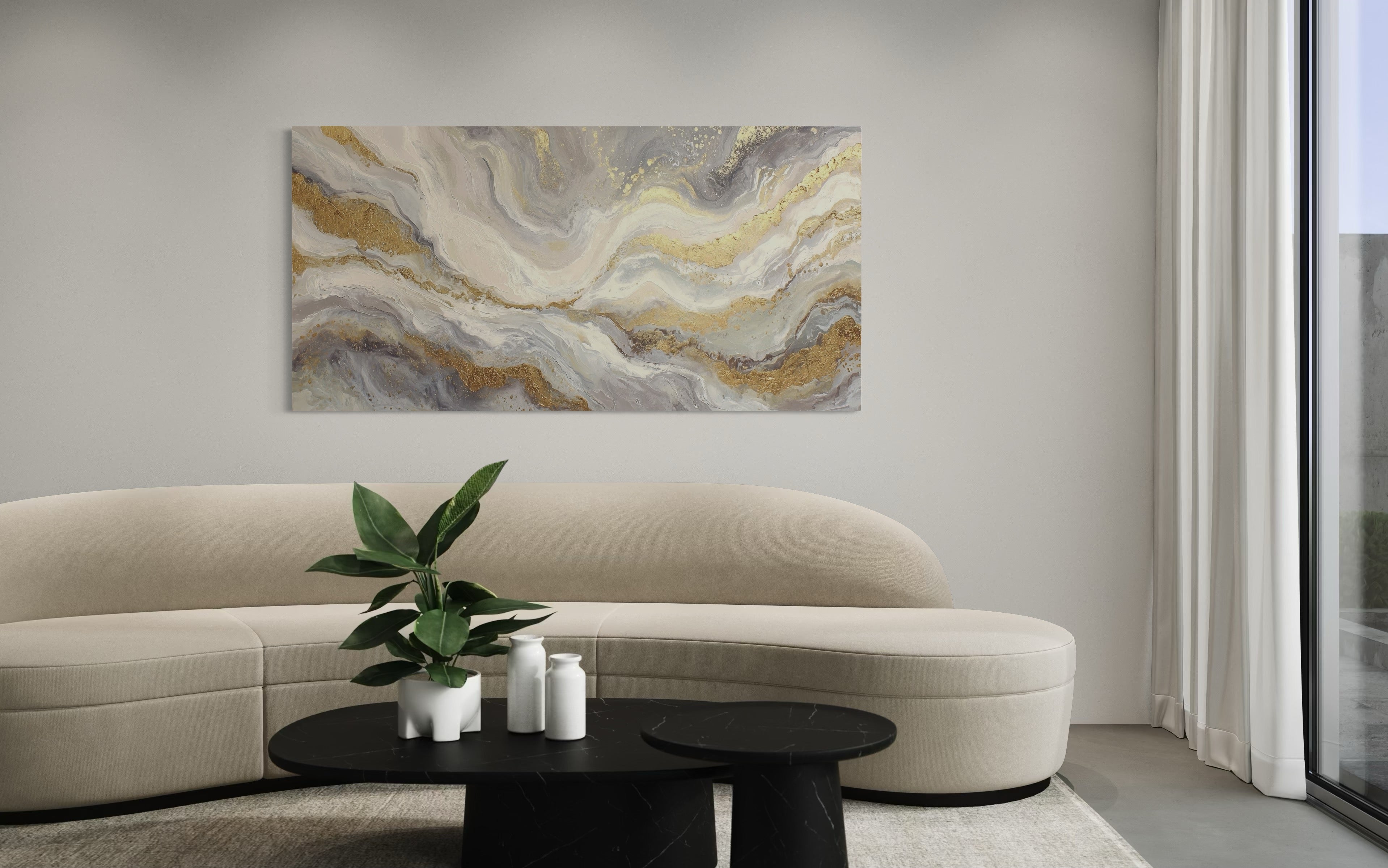 White Gold Elegant Abstract Painting Living Room Wall Decor