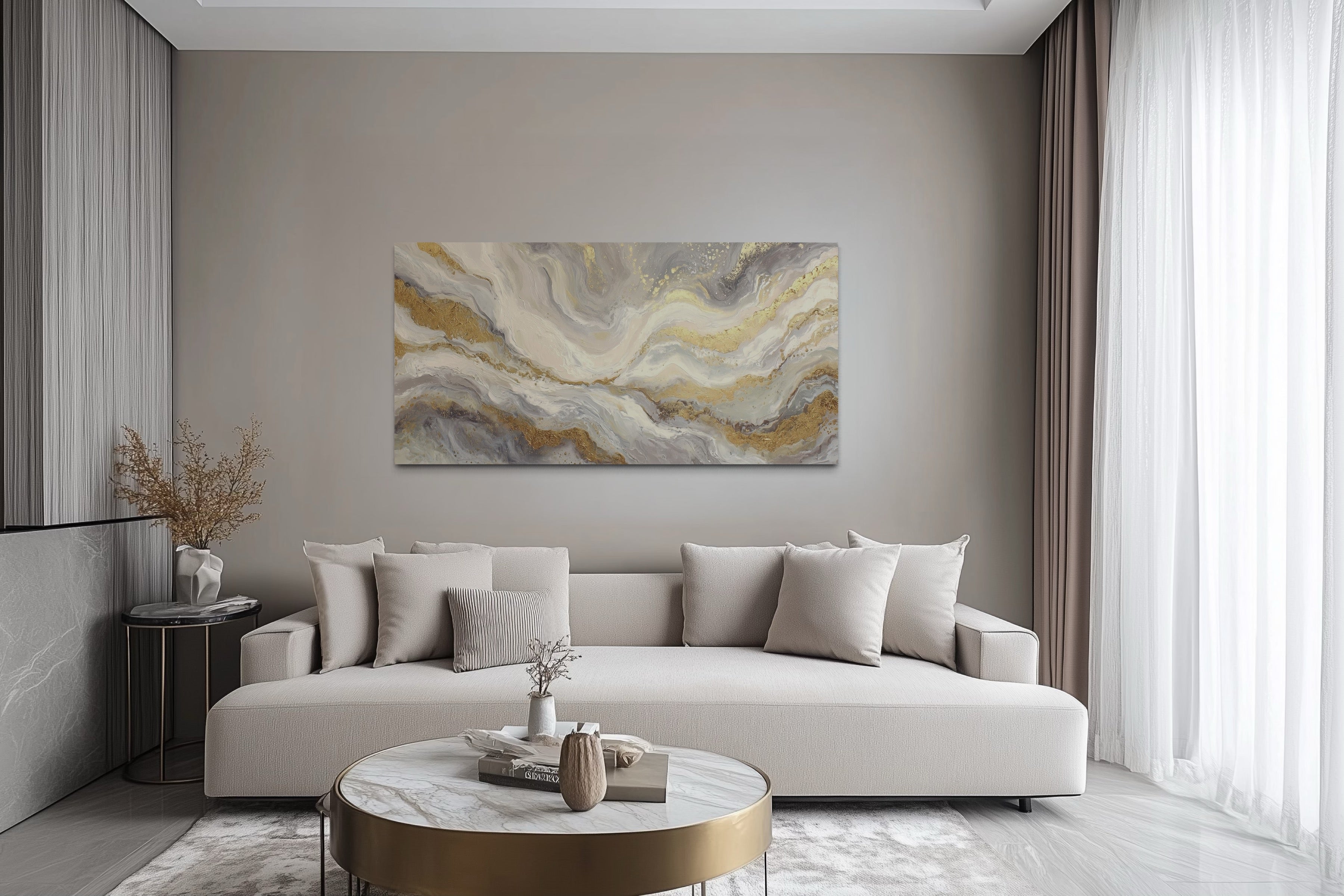 White Gold Elegant Abstract Painting Living Room Wall Decor