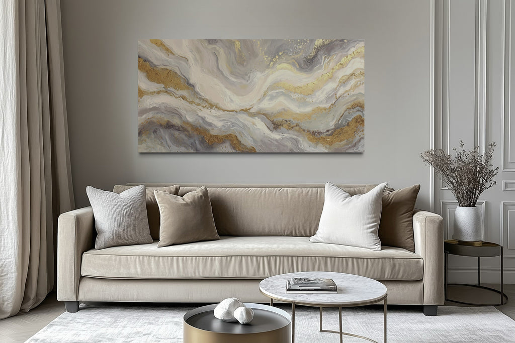 White Gold Elegant Abstract Painting Living Room Wall Decor