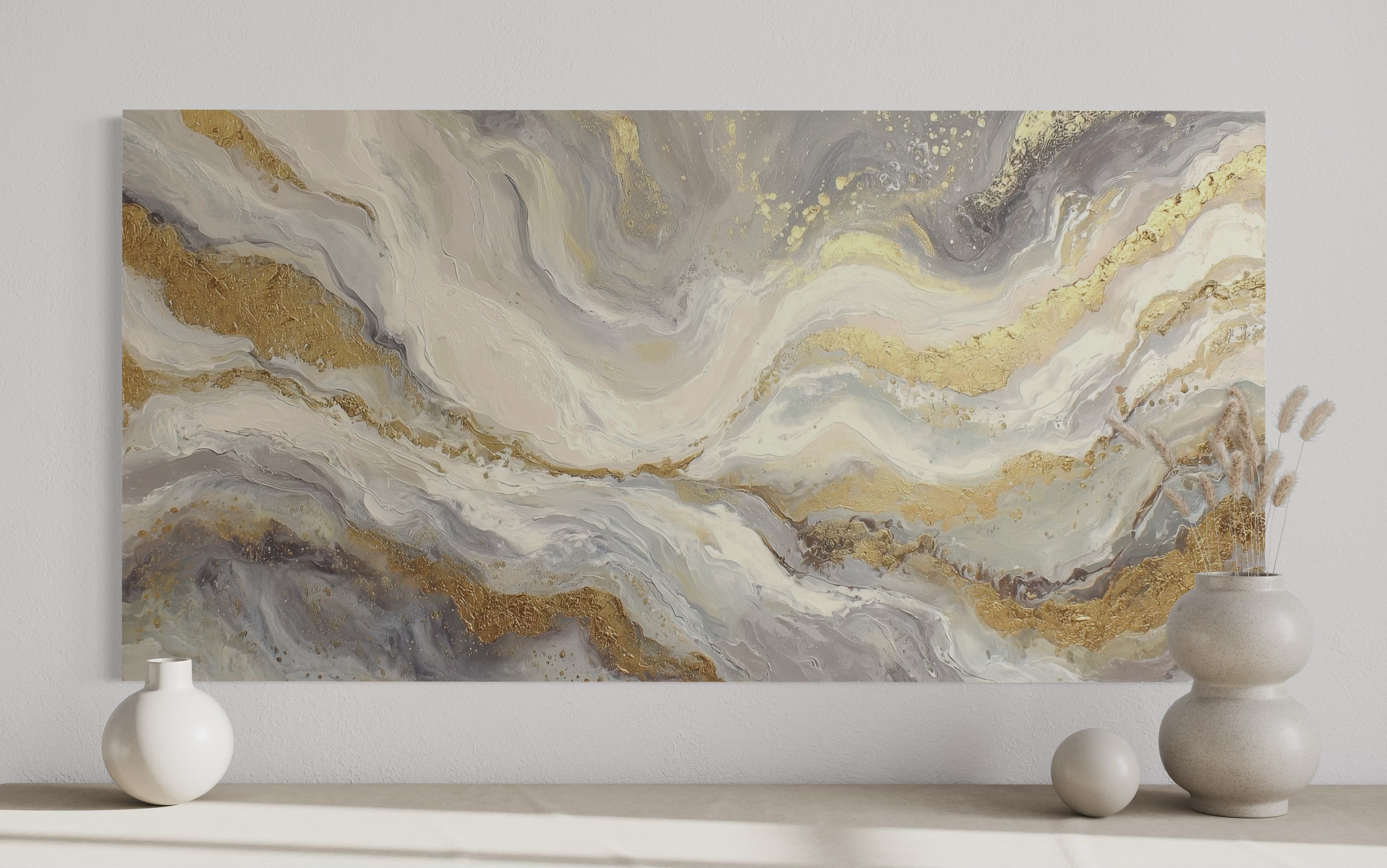 White Gold Elegant Abstract Painting Living Room Wall Decor