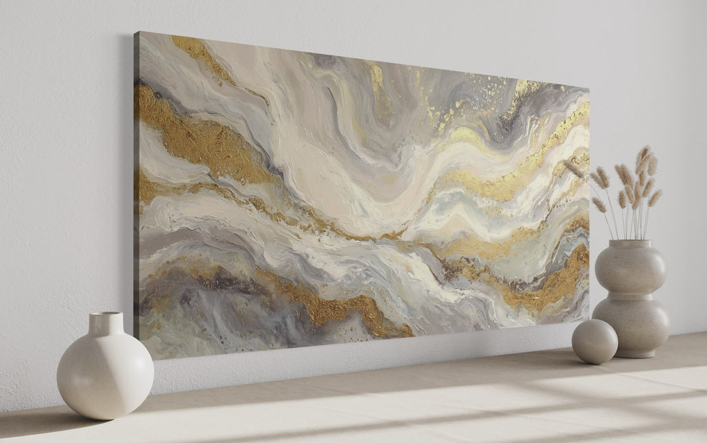 White Gold Elegant Abstract Painting Living Room Wall Decor