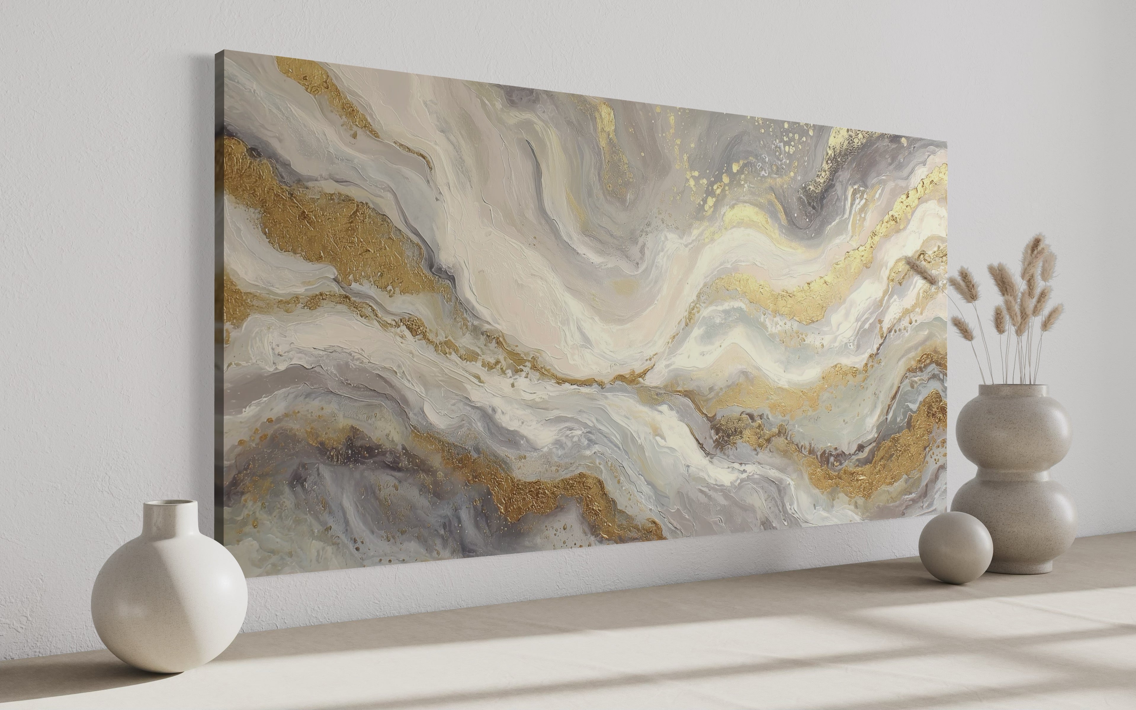 White Gold Elegant Abstract Painting Living Room Wall Decor