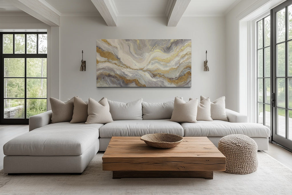 White Gold Elegant Abstract Painting Living Room Wall Decor