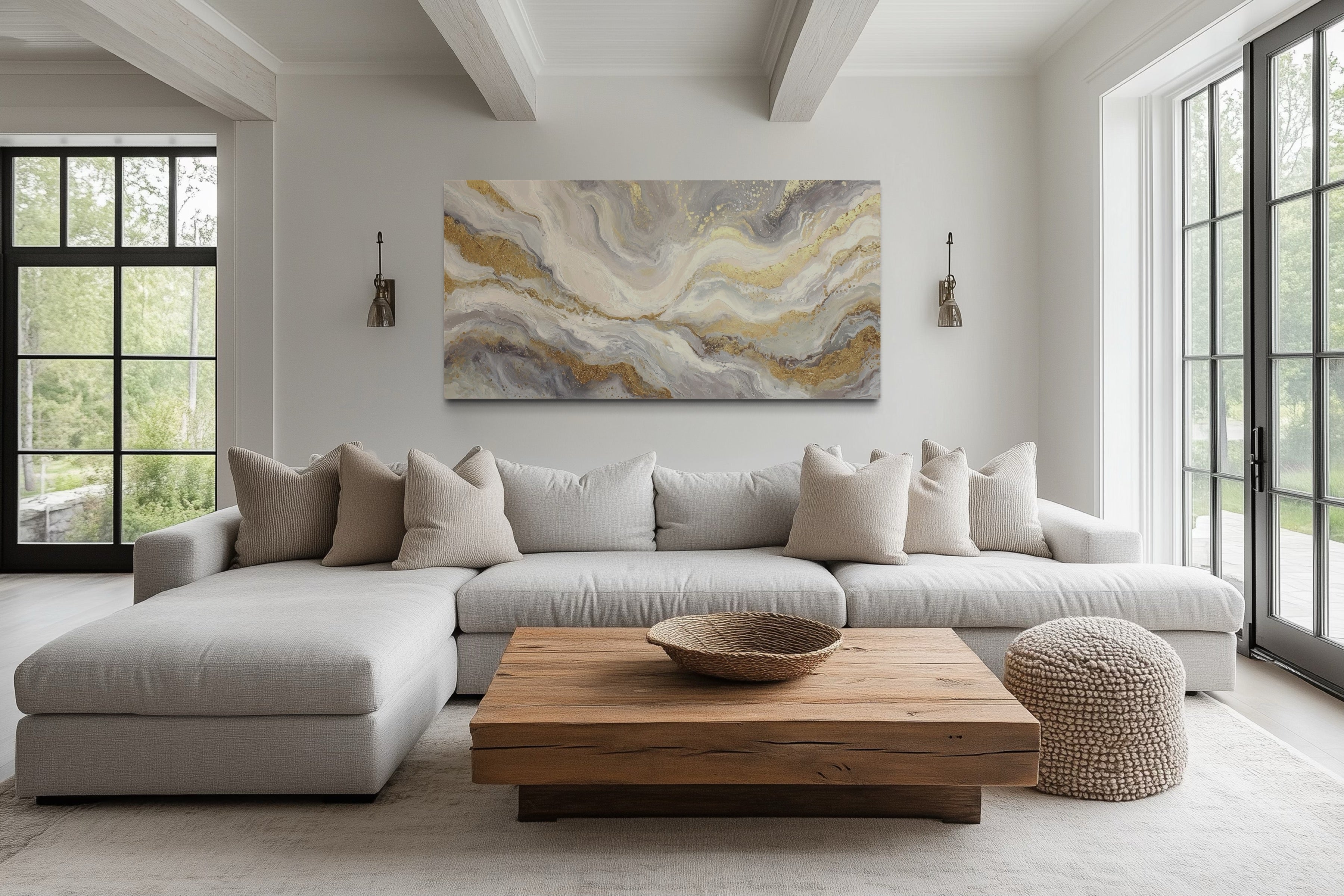 White Gold Elegant Abstract Painting Living Room Wall Decor