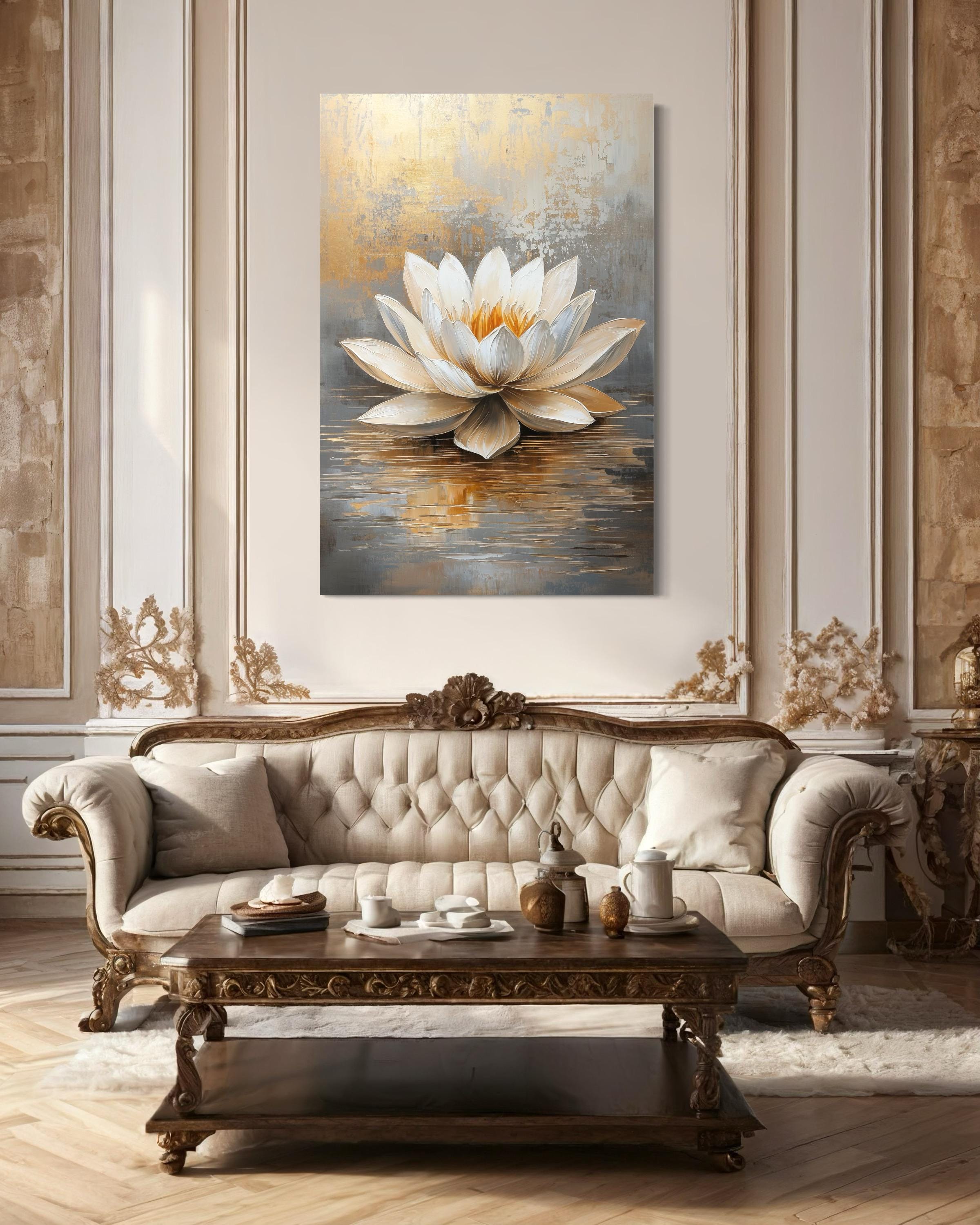 White Gold Vertical Lotus Flower Wall Art