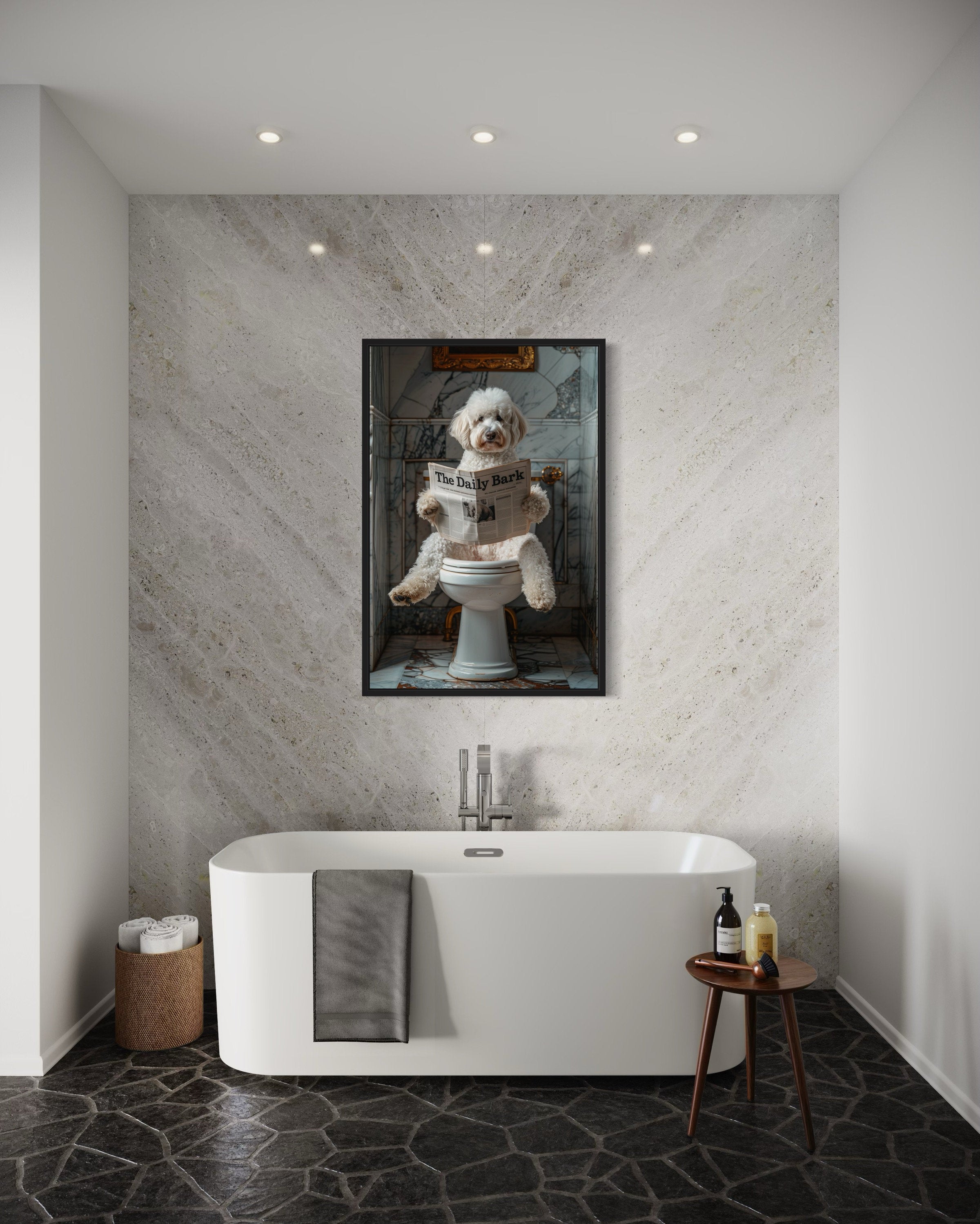 White Goldendoodle Dog On The Toilet Reading Newspaper Picture