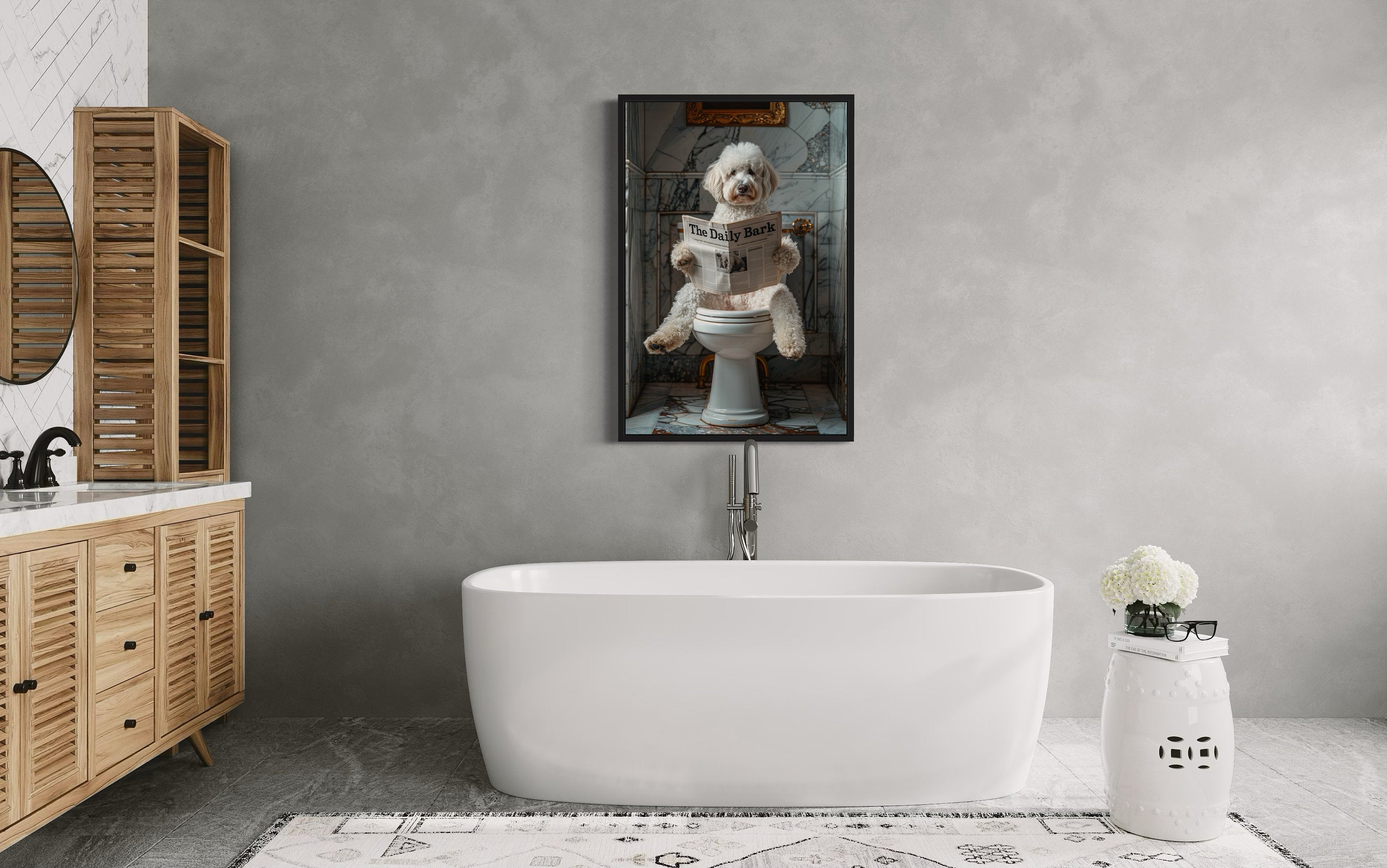 White Goldendoodle Dog On The Toilet Reading Newspaper Picture