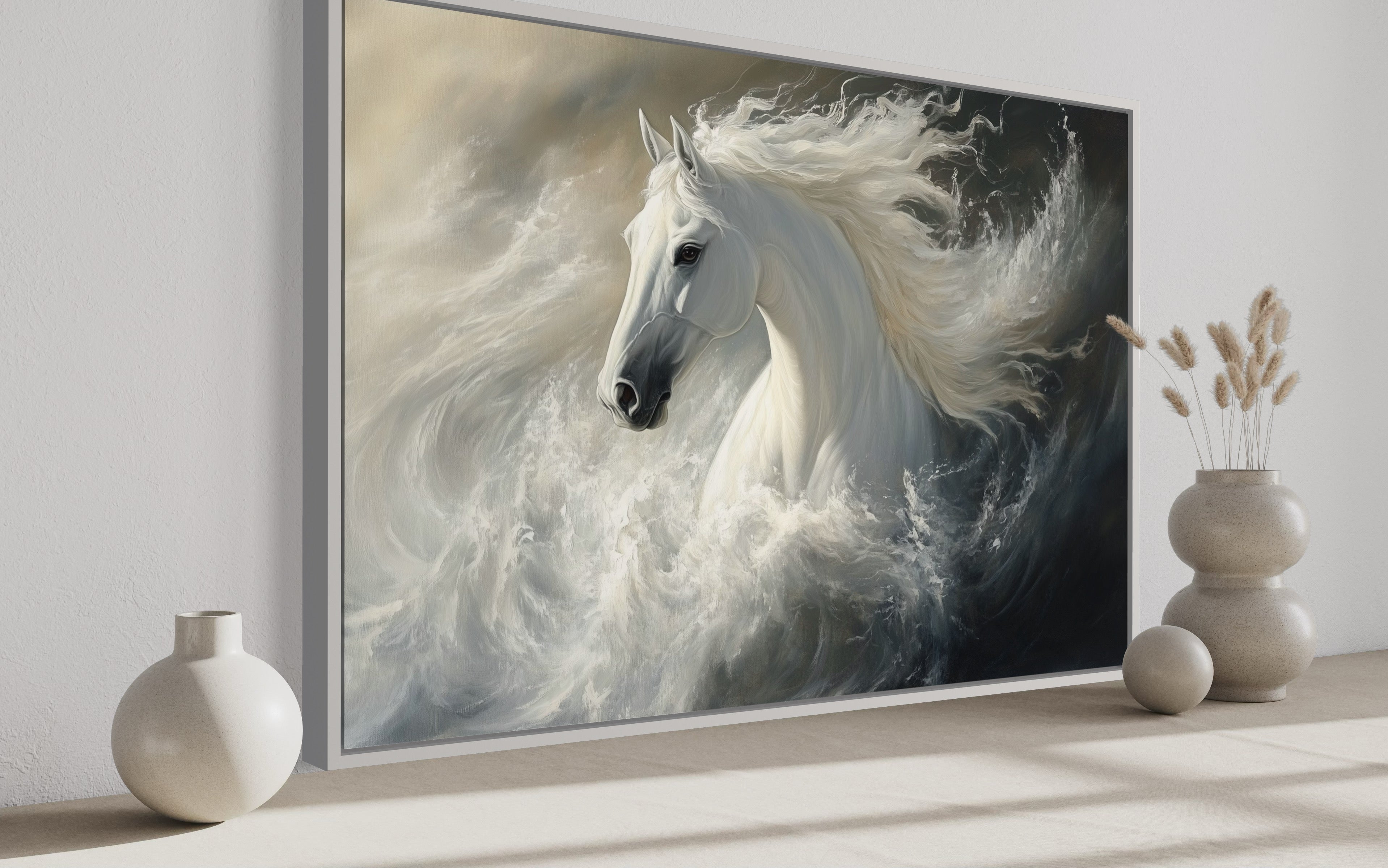 White Horse Abstract In Ocean Waves Framed Canvas Wall Art